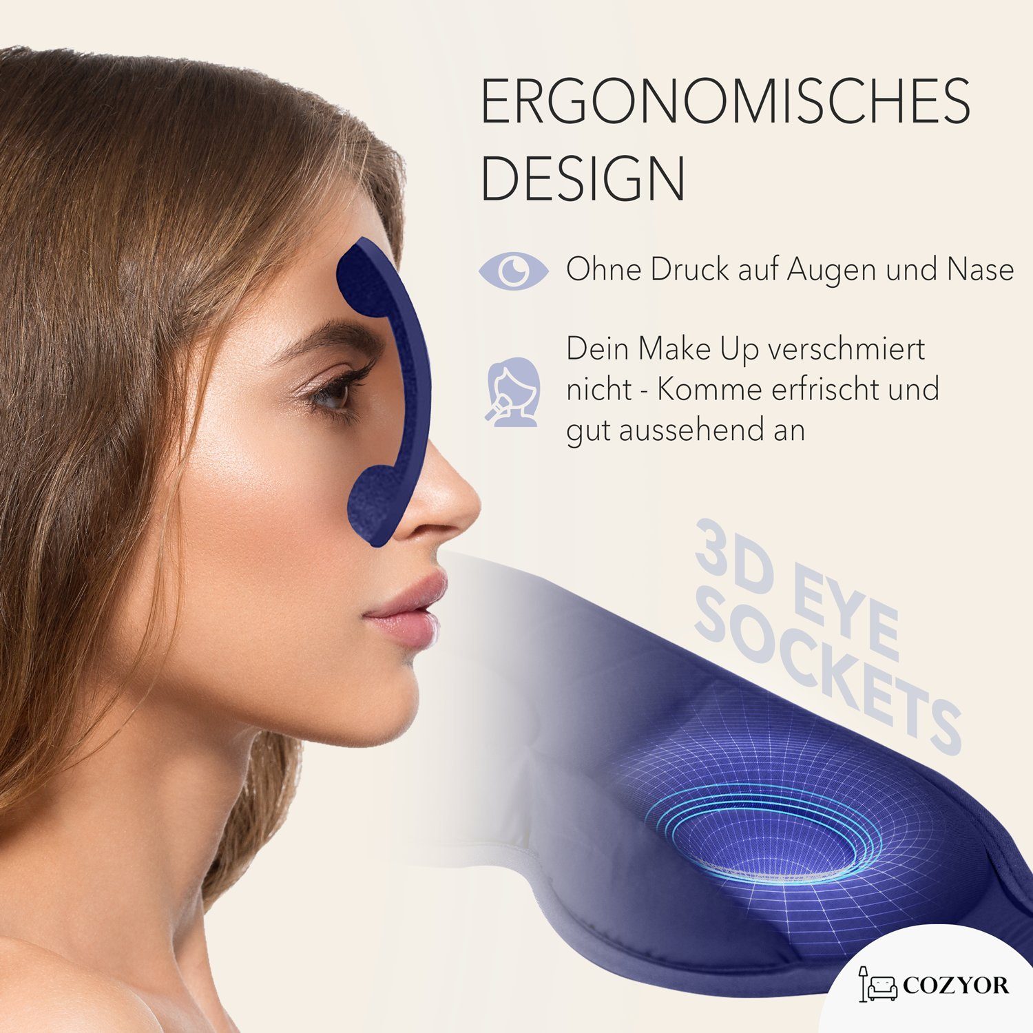Cozyor Schlafmaske 100% Blackout-Effekt 3D Augenmaske mit ergonomischem Design, Reiseset klein & kompakt, blau Ocean, Schlafmaske mit wiederverwendbaren Ohrstöpseln, extra Polsterung und variable Passform