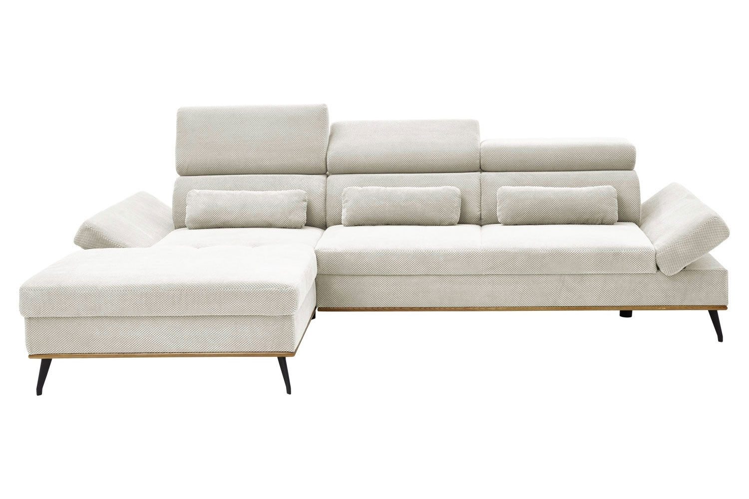 Iwaniccy Ecksofa MESA, B 299 x T 188 cm, Creme, Mikrofaser, Holzblende in eichefarben, Kopfteilverstellung, Armlehnen verstellbar