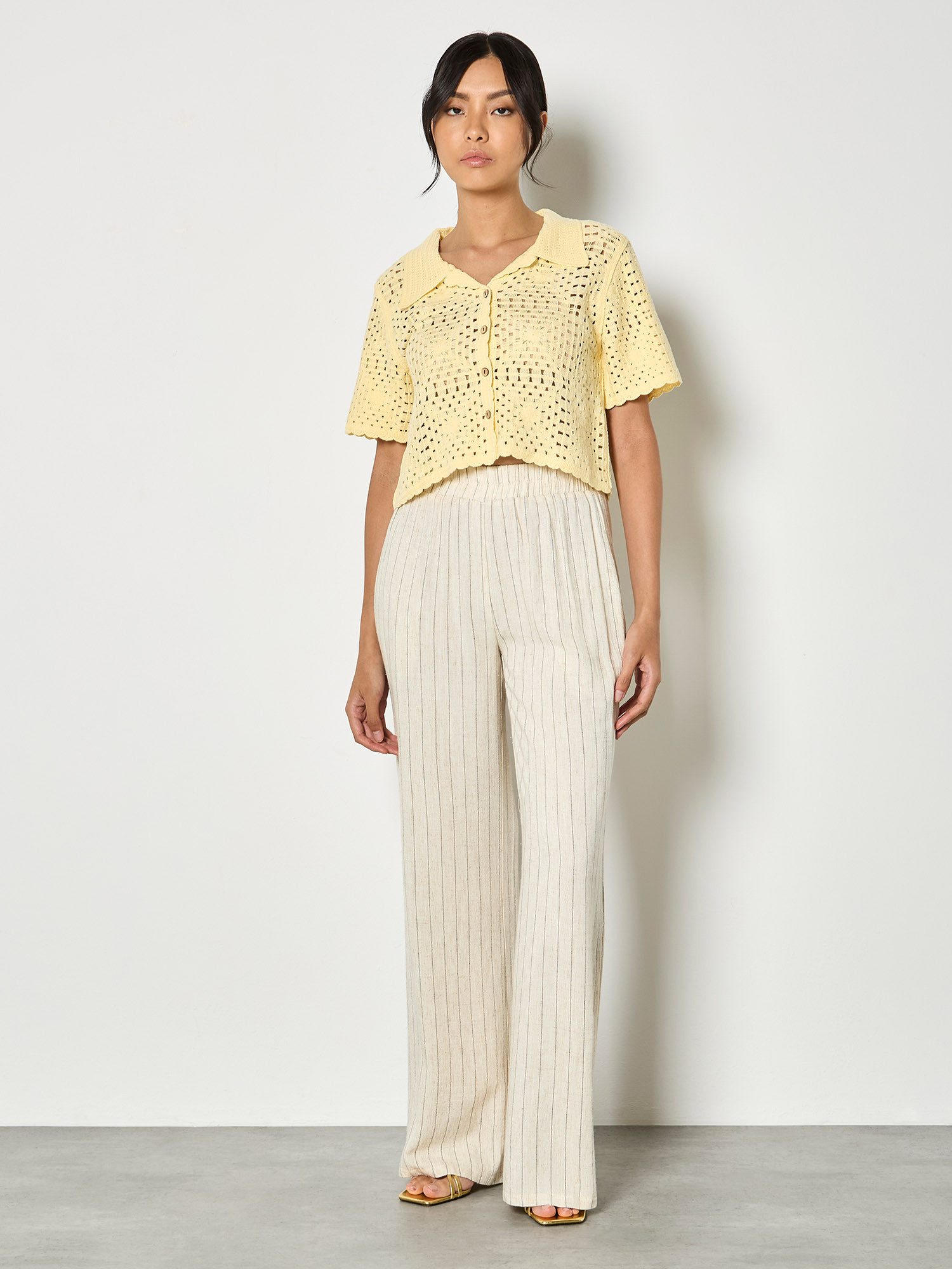 Apricot Leinenhose Breite Hose aus Leinenmischung mit Nadelstreifen