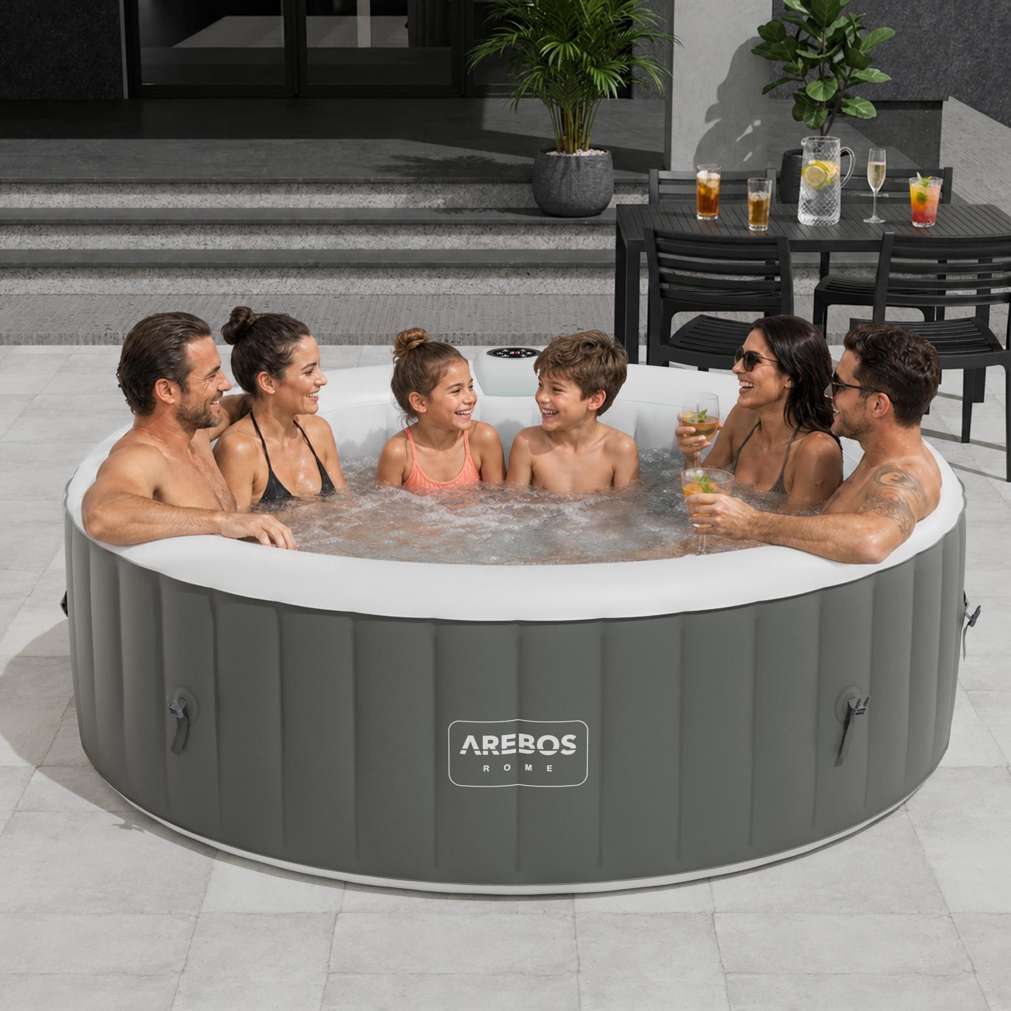 Arebos Whirlpool ROME aufblasbar für bis zu 6 Personen mit 130 Massagedüsen, (Komplett-Set, 208 x 208 cm), für Outdoor & Indoor