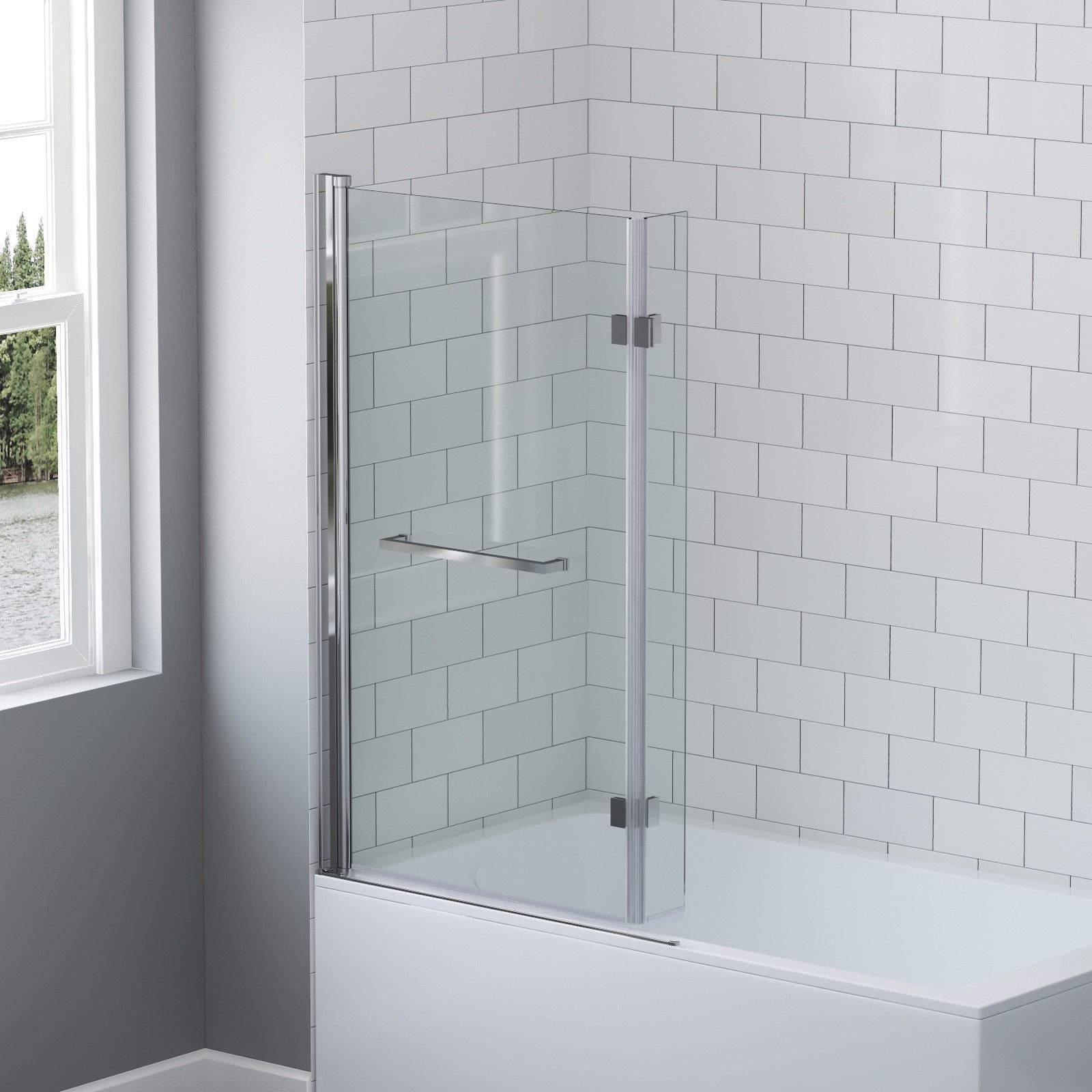 AQUALAVOS Badewannenaufsatz L-Form Duschwand für Badewanne faltbare Seitenwand mit Doppelscharnier, ohne/mit Handtuchhalter 8 mm Einscheiben-Sicherheitsglas (ESG), 93,5×140cm Wandausgleich 10mm Chrom Aluprofil Spritzschutz Bodenleiste