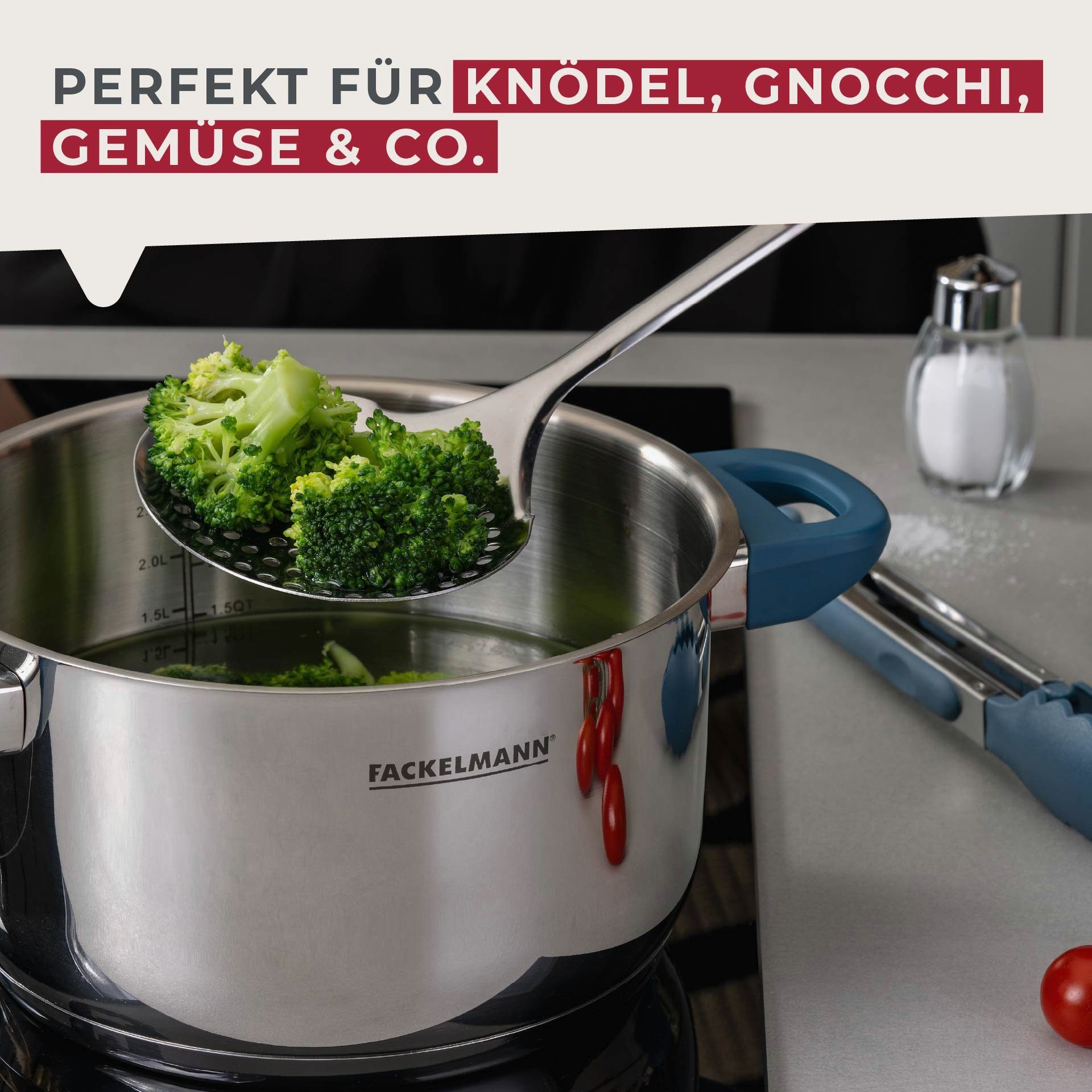 FACKELMANN Nudellöffel Edelstahl Abseihlöffel, Küchenhelfer