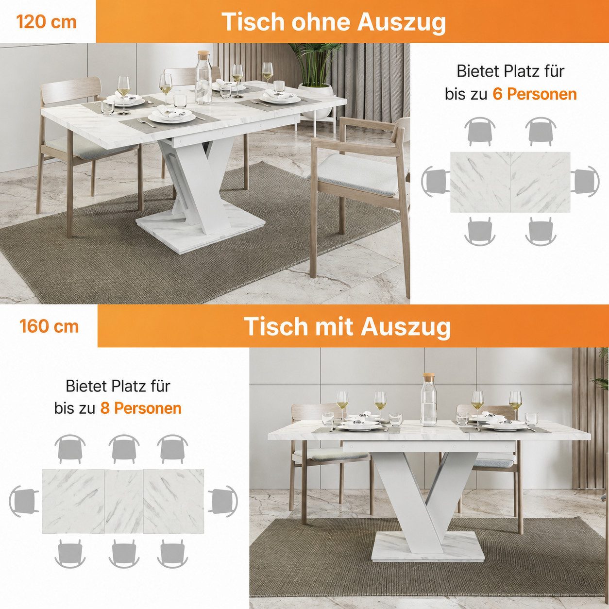 Home Collective Esstisch ausziehbar Tisch Küchentisch Esszimmertisch Ausziehtisch (Esszimmer Küche Wohnzimmer Esstisch erweiterbar), modernes Design mit V-Geste – Bild 4 von 5