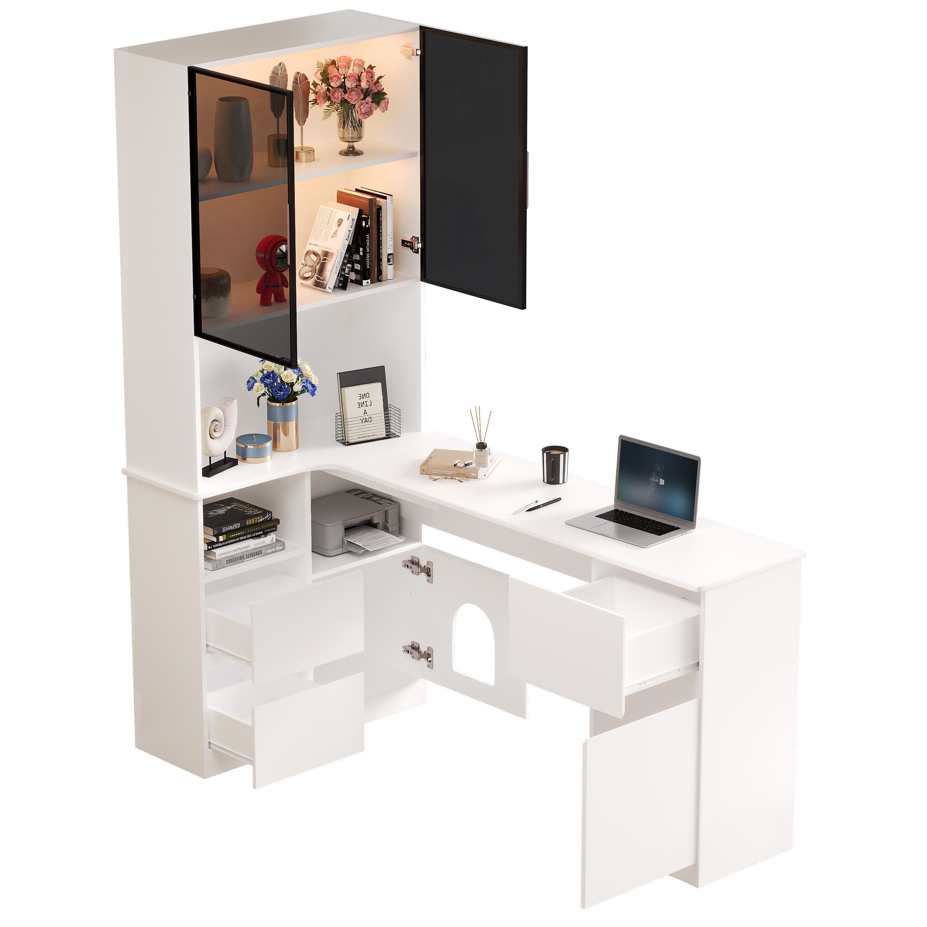 Merax Eckschreibtisch mit Regal und LED Glasvitrine, (1-St., Schreibtisch mit 3 Schubladen, Haustierfach), Computertisch, Bürotisch, 120×80×180 cm, Weiß – Bild 5 von 5