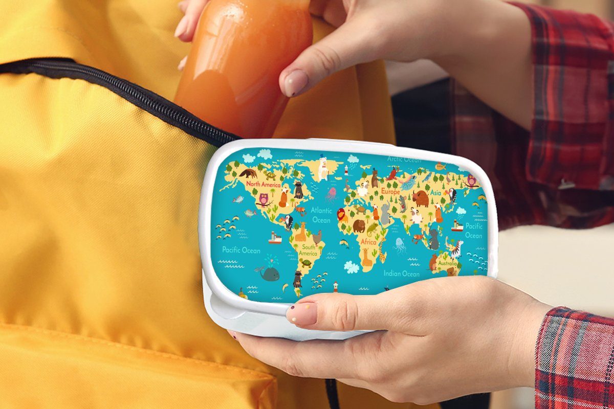 MuchoWow Lunchbox Weltkarte - für und Jungs Kunststoff, Blau - Erwachsene, Mädchen, Tiere - Gelb Brotdose, Brotbox Jungen Mädchen - und - - weiß (2-tlg), Kinder Kinder für