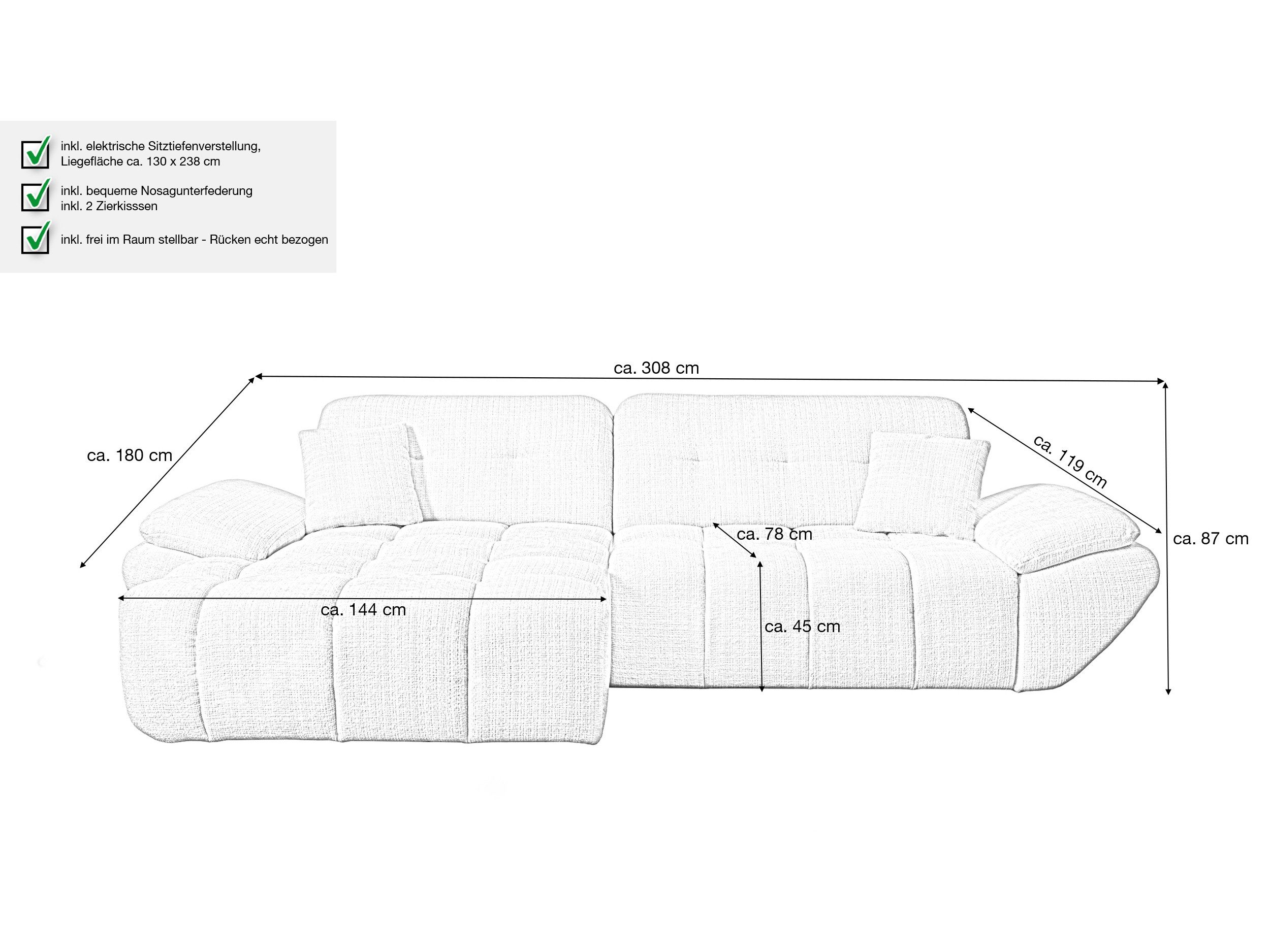 Massivart® Ecksofa weicher Bouclé creme 308 cm / elektr. Sitztiefenverstellung »HUGO«, Ottomane B 144 cm, Nosagfederung, inkl. 2 Zierkissen