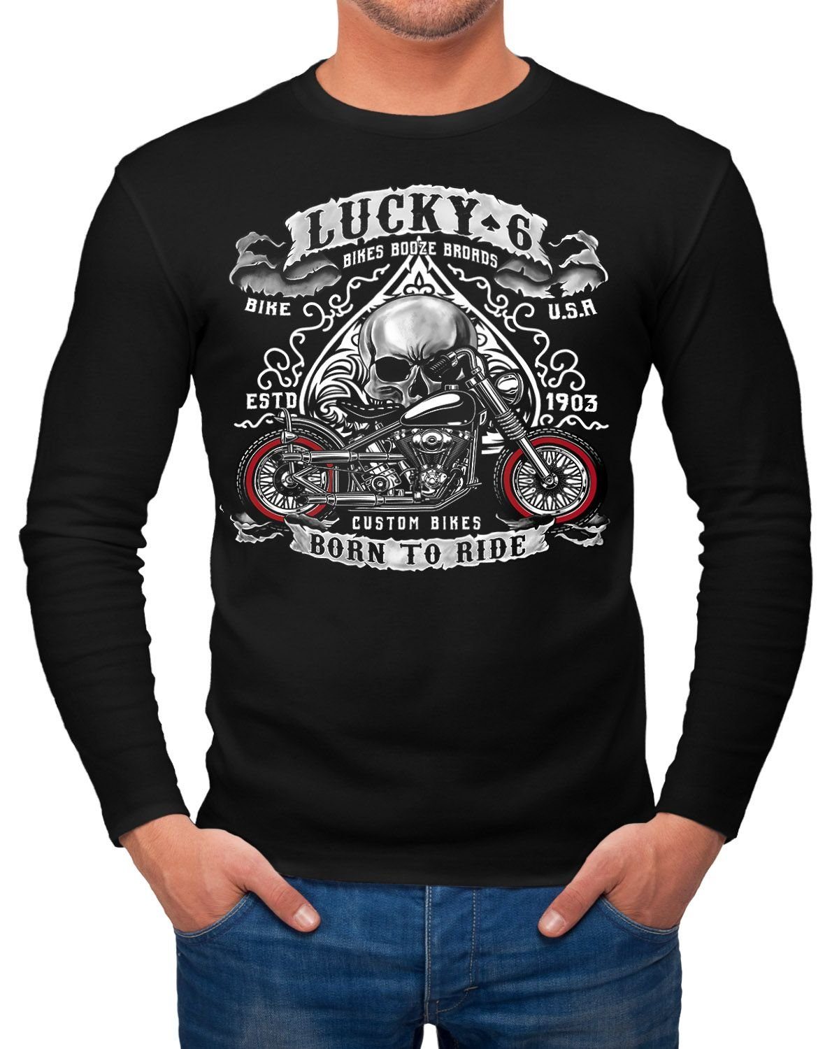 to mit Shopper Longsleeve Langarmshirt Biker Ride Neverless Neverless® Herren Pik 6 Motorrad Totenkopf Live USA Longsleeve Print Lucky