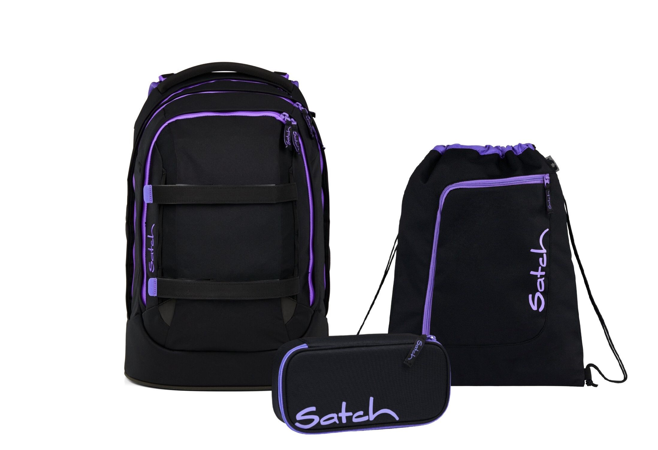 Satch Schulranzen Schulrucksack-Set PACK Purple Phantom 3-teilig (3-teilig), ergonomisch, Your-Size-System: auf Körpergröße anpassbar