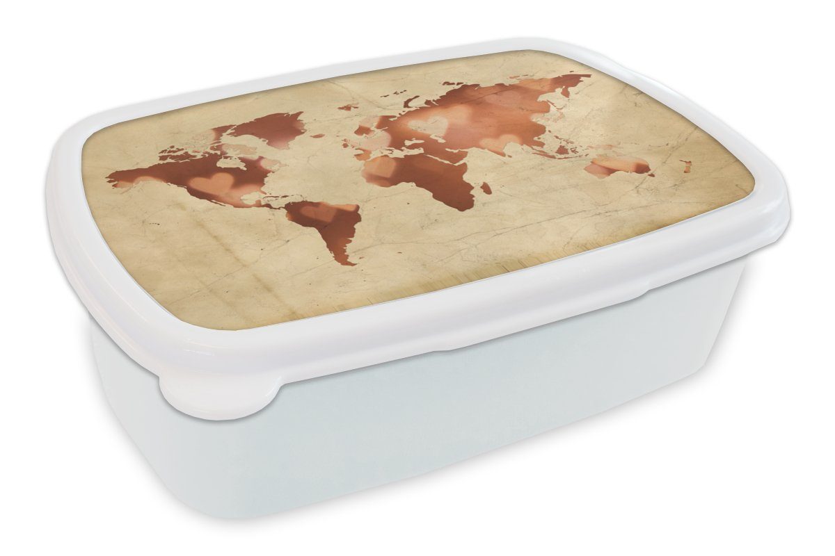 MuchoWow Lunchbox Weltkarte - Marmor - Herz, Kunststoff, (2-tlg), Brotbox für Kinder und Erwachsene, Brotdose, für Jungs und Mädchen weiß