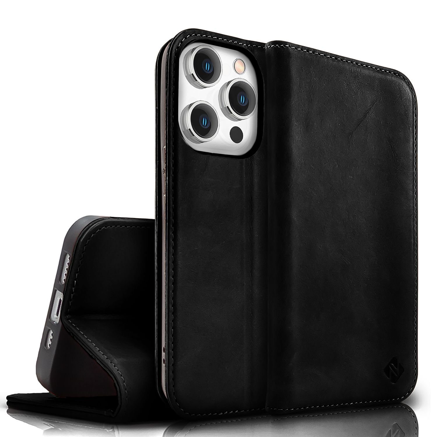 Nalia Smartphone-Hülle Apple iPhone 15 Pro Max 17 cm (6,7 Zoll), Echt Leder Etui / Standfunktion Kickstand / RFID Schutz Handyhülle