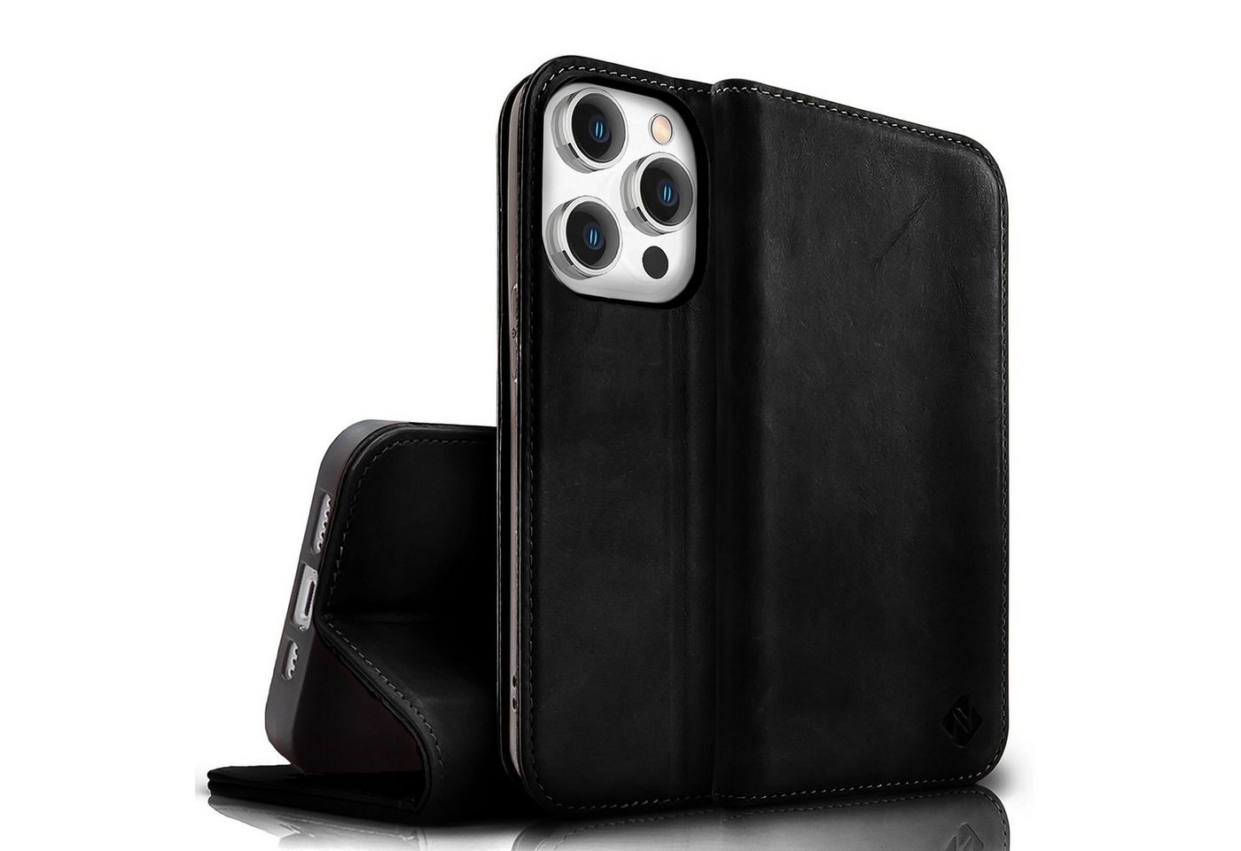 Nalia Smartphone-Hülle Apple iPhone 15 Pro Max 17 cm (6,7 Zoll), Echt Leder Etui / Standfunktion Kickstand / RFID Schutz Handyhülle