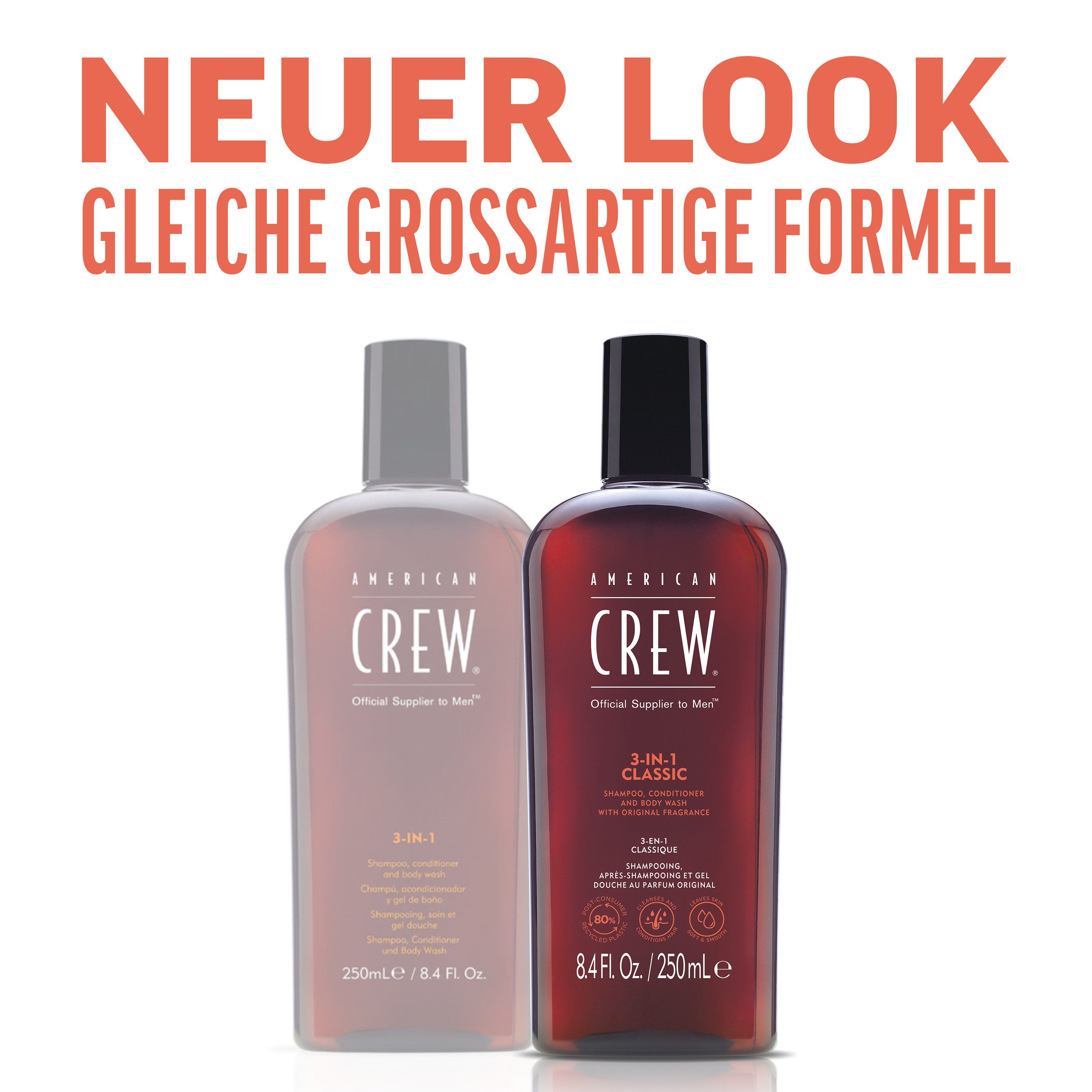 American Crew Haarshampoo 3In1 Classic Shampoo 450 ml, Für Herren aller Haartypen, spendet Feuchtigkeit, beruhigt Kopfhaut.