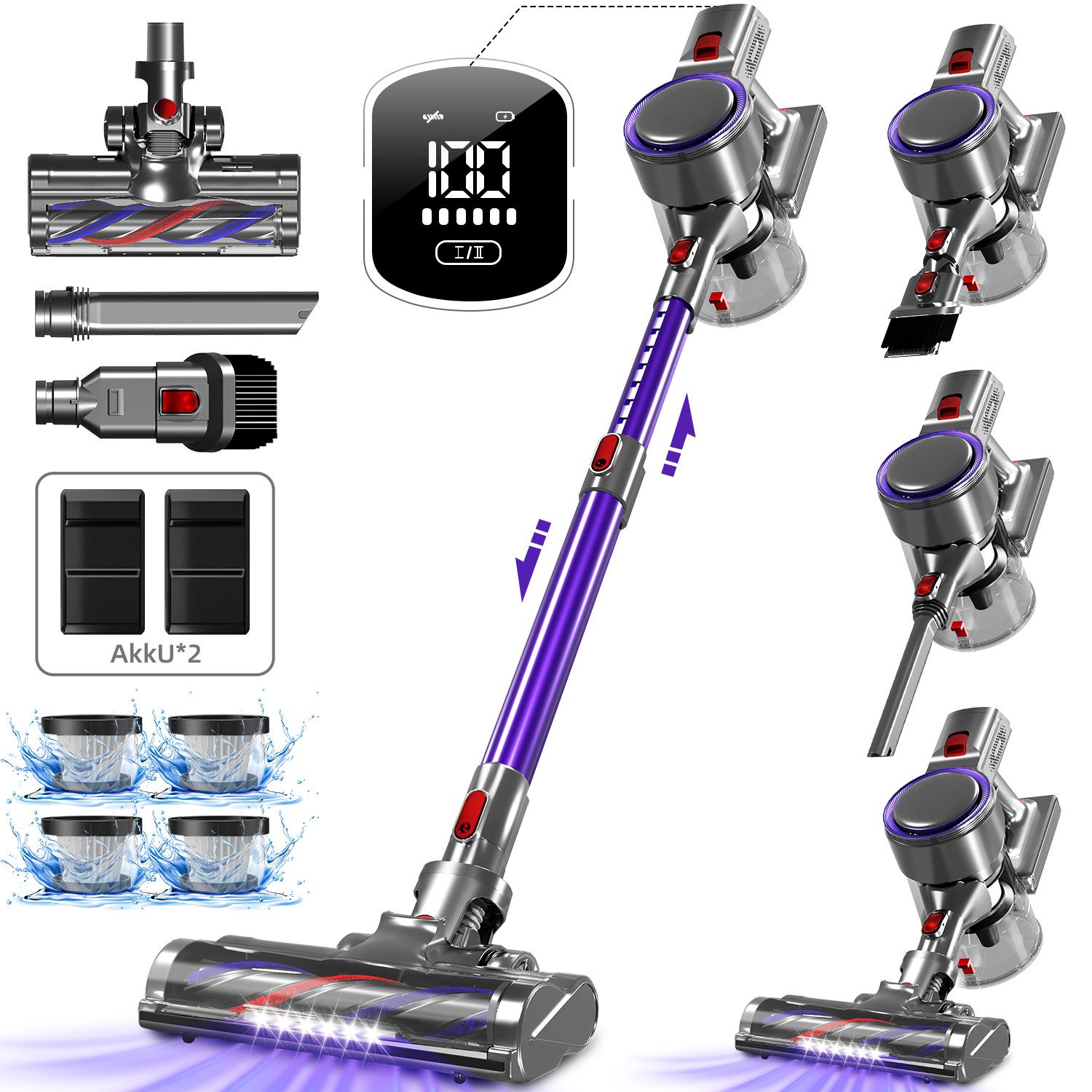 Hiazurm Akku-Hand-und Stielstaubsauger Akku Staubsauger,55000Pa/1.8L/55min 8 in 1 Staubsauger Kabellos, beutellos, Mit LED Display,2 Saugstufen,Akkusauger,Für Böden,Teppich,Tierhaare