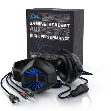 CSL Gaming-Headset (Blaue LED-Beleuchtung; Kopfbügel variabel verstellbar; Bietet kristallklaren Hoch-, Mittel- und Tieftonbereich + dynamische Basswiedergabe, "GHS-102" mit Mikrofon Kopfhörer für Windows/Mac/Linux /PS4/PS4 Pro)