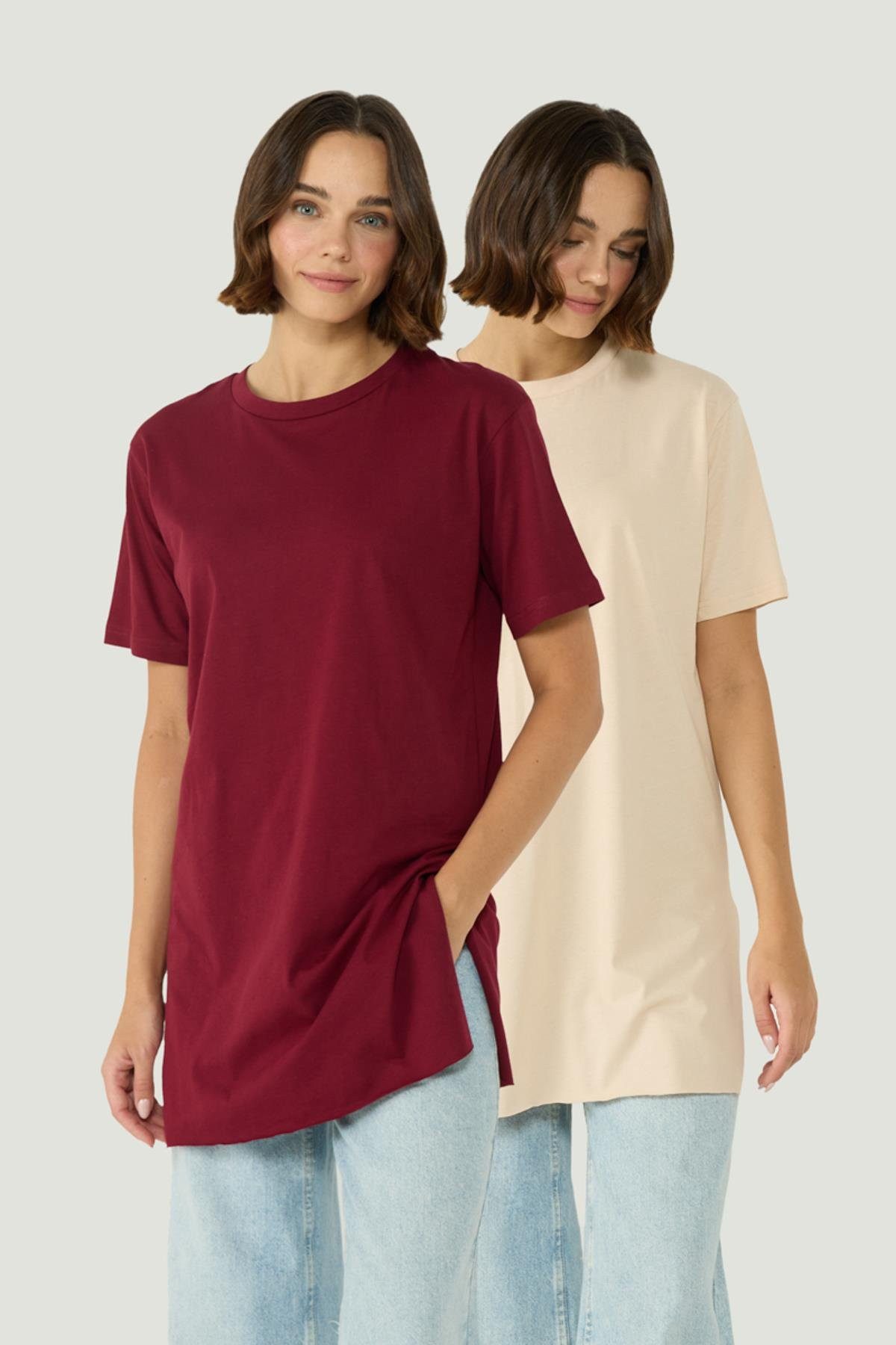 C&CITY Pyjamaoberteil Halbarm-Split-Neck Fahrrad-Print 2er-Pack Langarm-T-Shirt