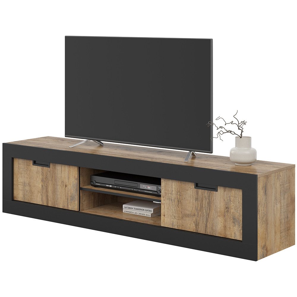 Lomadox Wohnzimmer-Set TOLOSA-83, (Mega-Spar-Set, 3-St., Couchtisch Lowboard Vitrine), in Eiche mit Rahmen in Mattschwarz, Industrial Stil