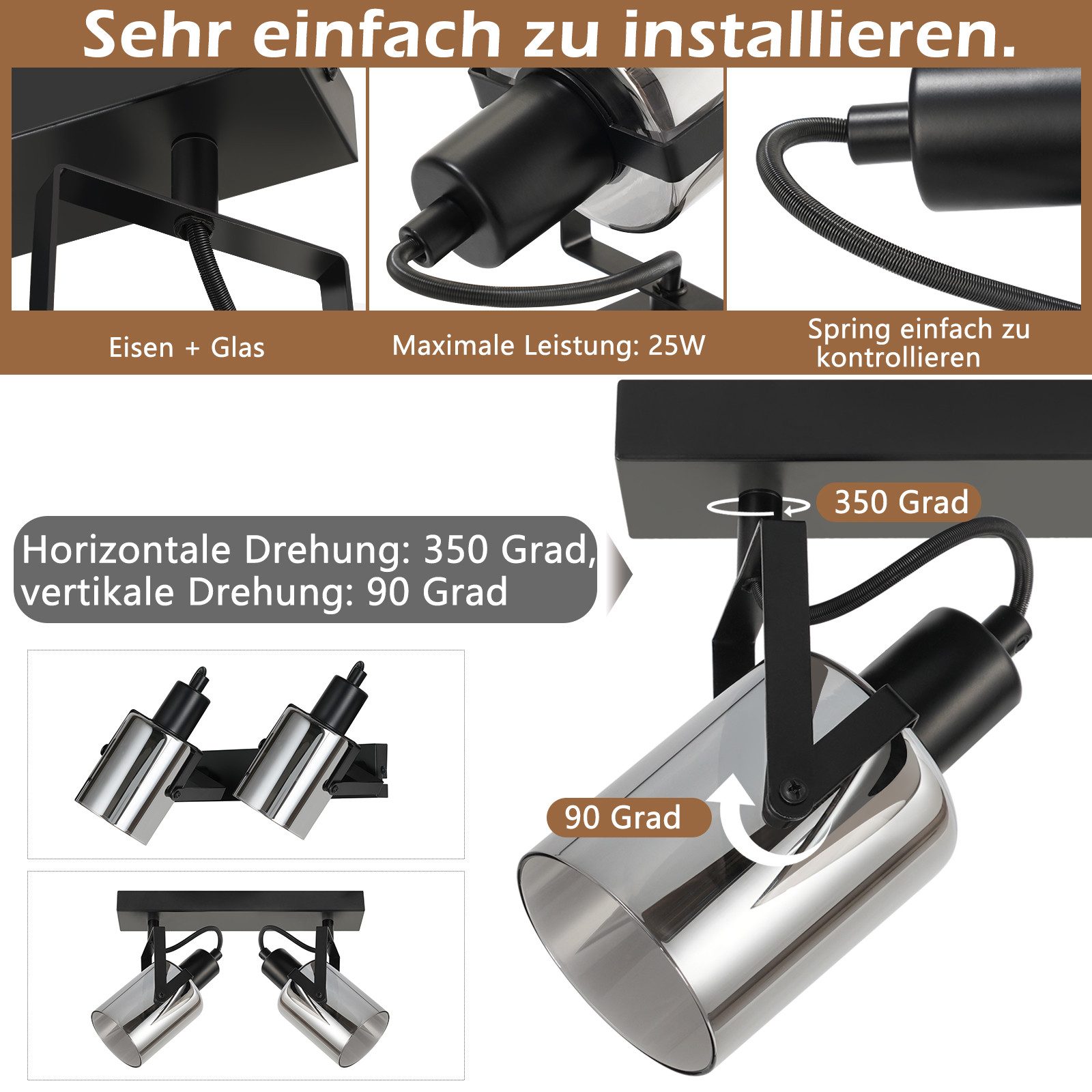 Nettlife Deckenstrahler Vintage 1/2/3/4 flammig Deckenstrahler Rauchgrau, Schwenkbar 350°, LED wechselbar, für Wohnzimmer Schlafzimmer Flur Küche