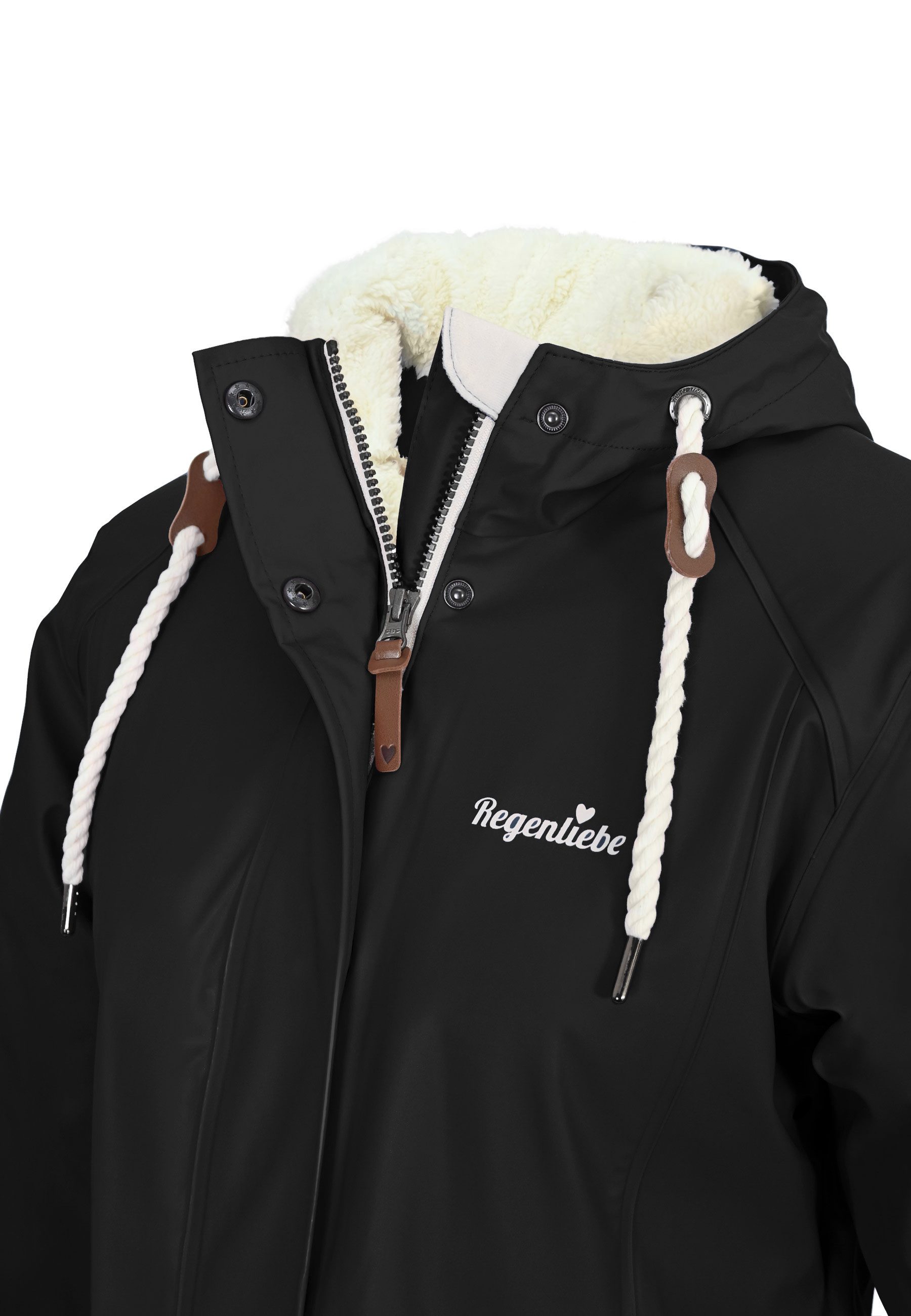 Regenliebe Regenjacke Friesennerz schwarz Regenparka mit Teddyfleece gefüttert