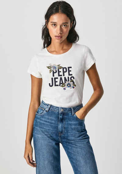 Pepe Jeans Kurzarmshirt »BERNARDETTE« mit großem floralem Marken-Logo-Print im Brustbereich