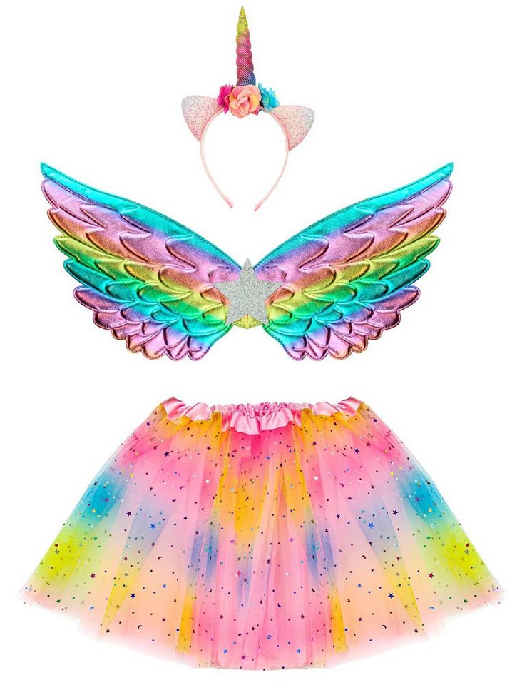 Widmann S.r.l. Feen-Kostüm Einhorn Set "Rainbow" für Mädchen - 3-tlg. mit Flügeln, Mit Haarreif und Flügeln