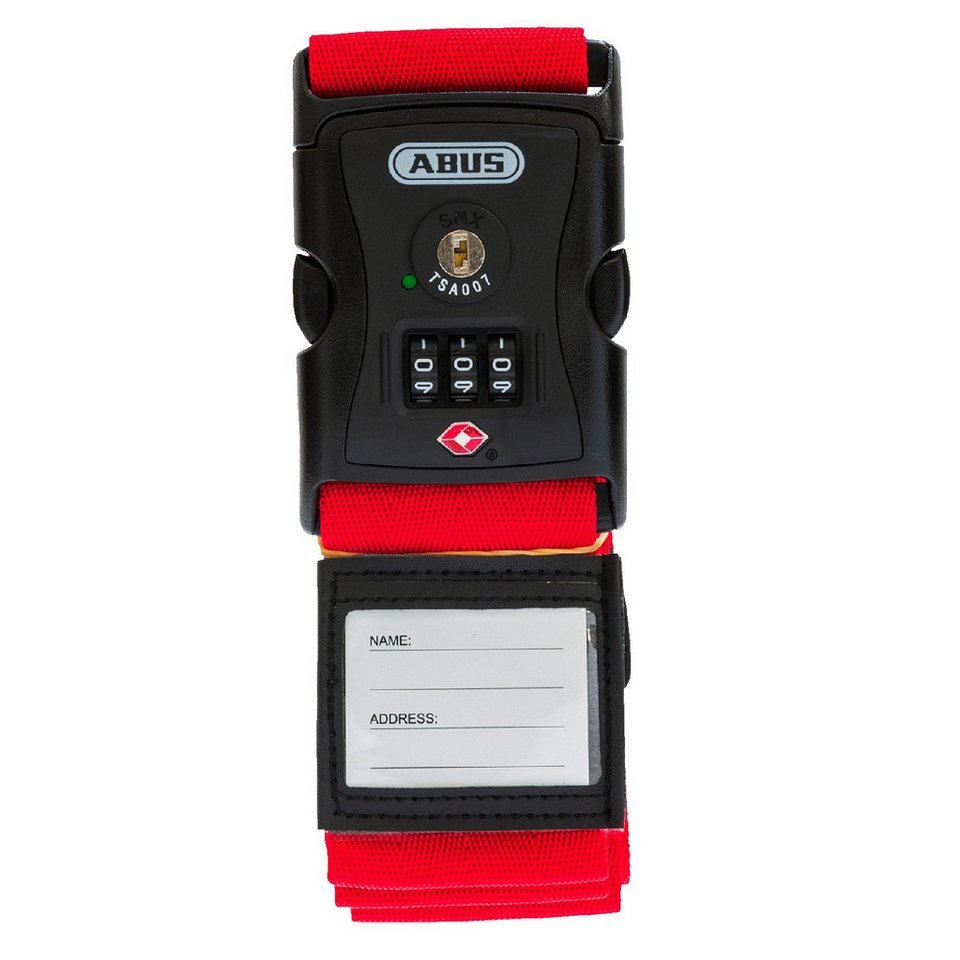 ABUS Koffergurt Kofferband-Schloss 620TSA/192 - USA Reise, Zahlencode, 1 Stk., Rot, Individuell einstellbarer dreistelliger Zahlencode, mit Adressetikett