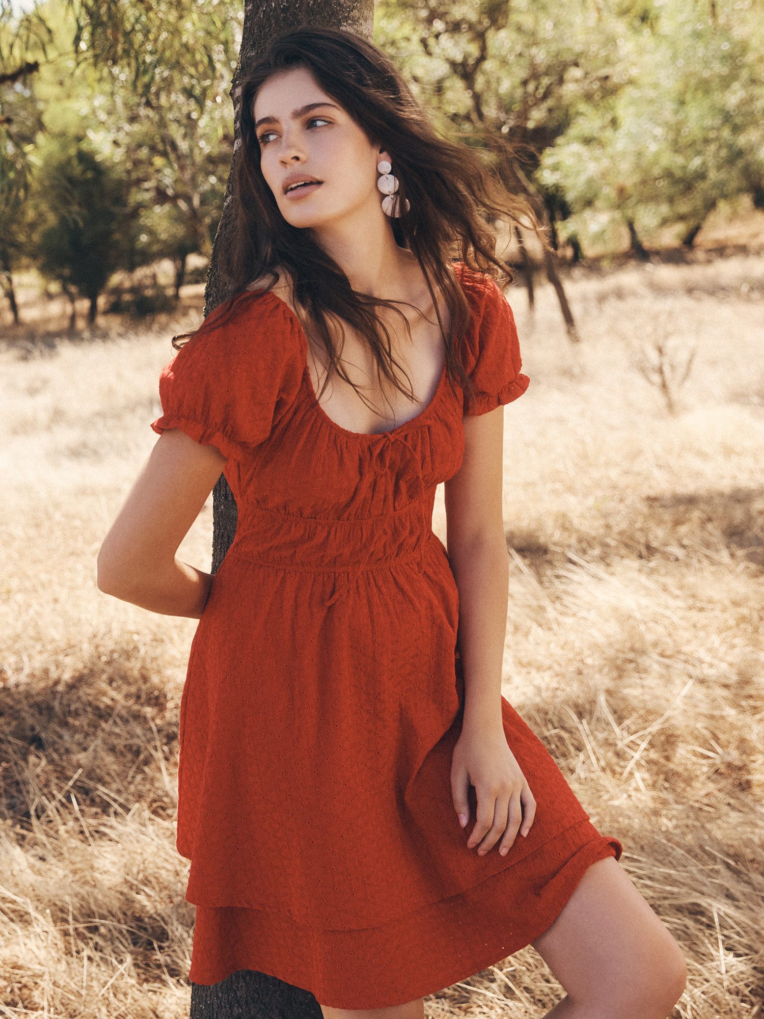 Apricot Minikleid Sommerkleid mit Ösenstickerei