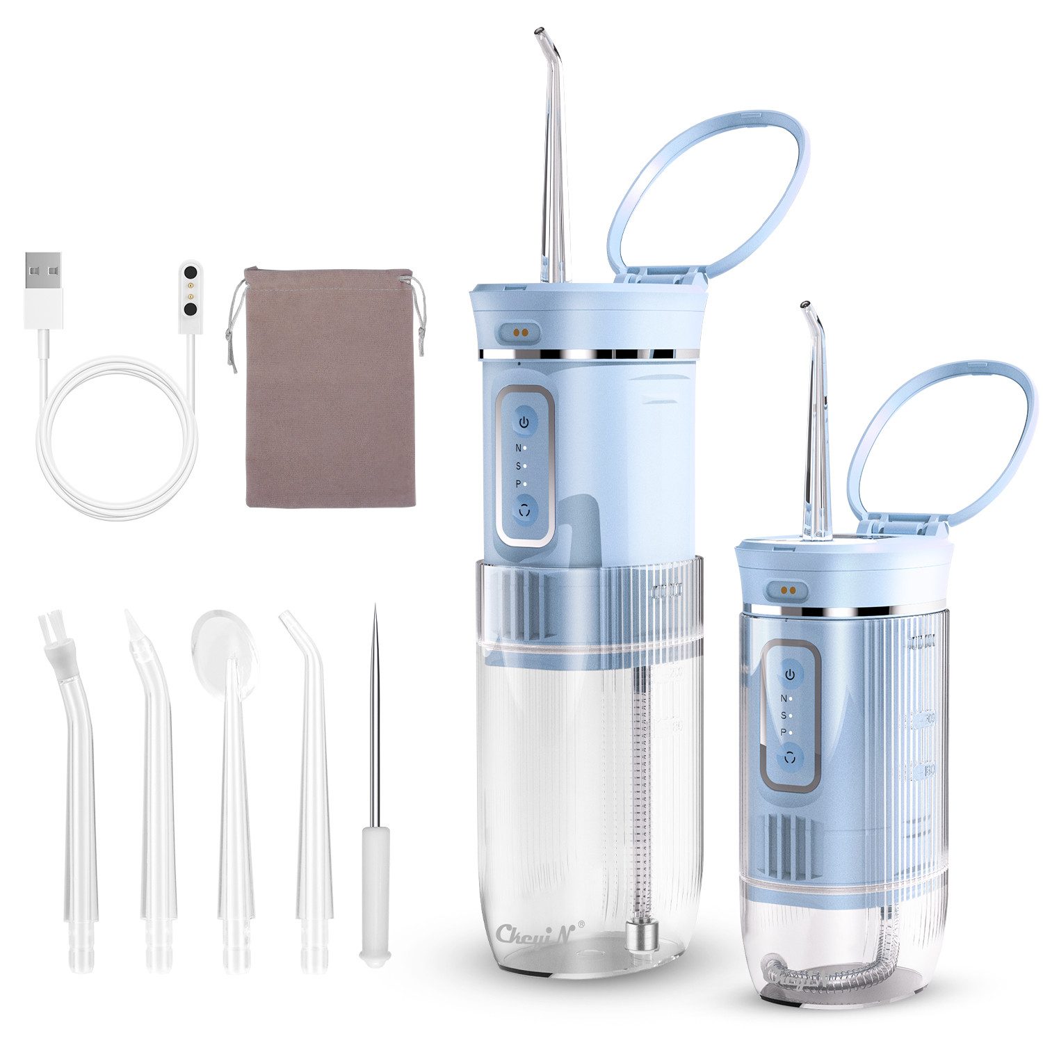 CkeyiN Munddusche Zahnzwischenraum-Reiniger 200ml-faltbarem Wassertank 3 Modi, Aufsätze: 4 St., Blaulicht-Zahnaufhellung Funktion 1200mAh Munddusche