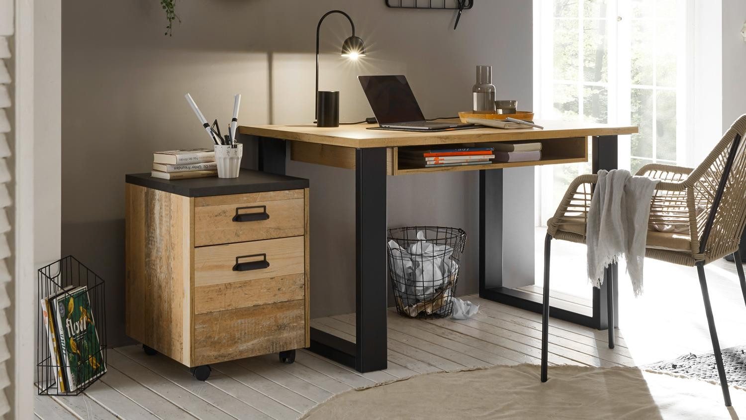 Möbel Akut Schreibtisch Schreibtisch inkl. Rollcontainer Sherwood O2 Old Style hell anthrazit