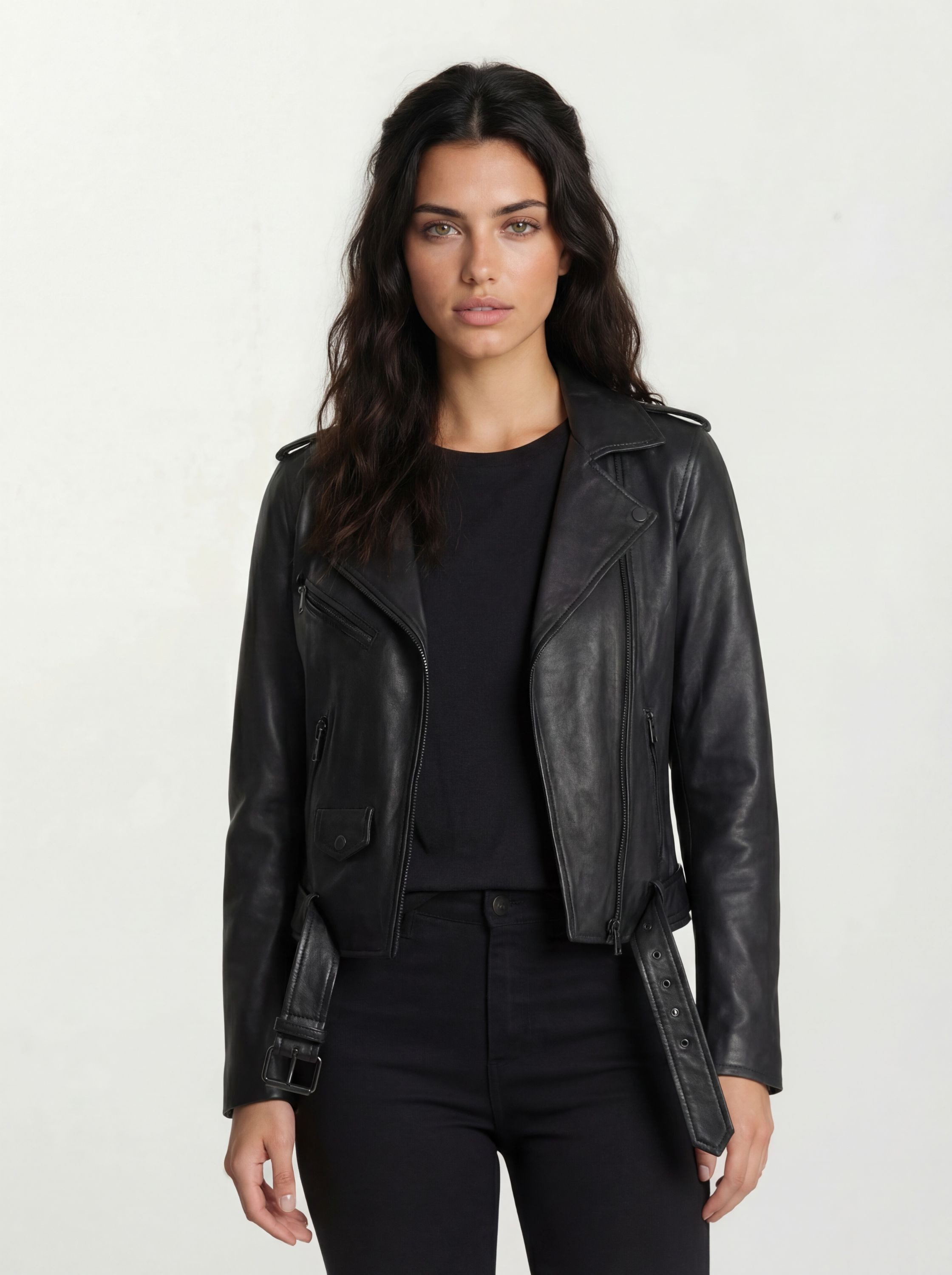 trueprodigy Lederjacke Laura asymmetrischer Reißverschluss und Reverskragen sowie einen Gürtel