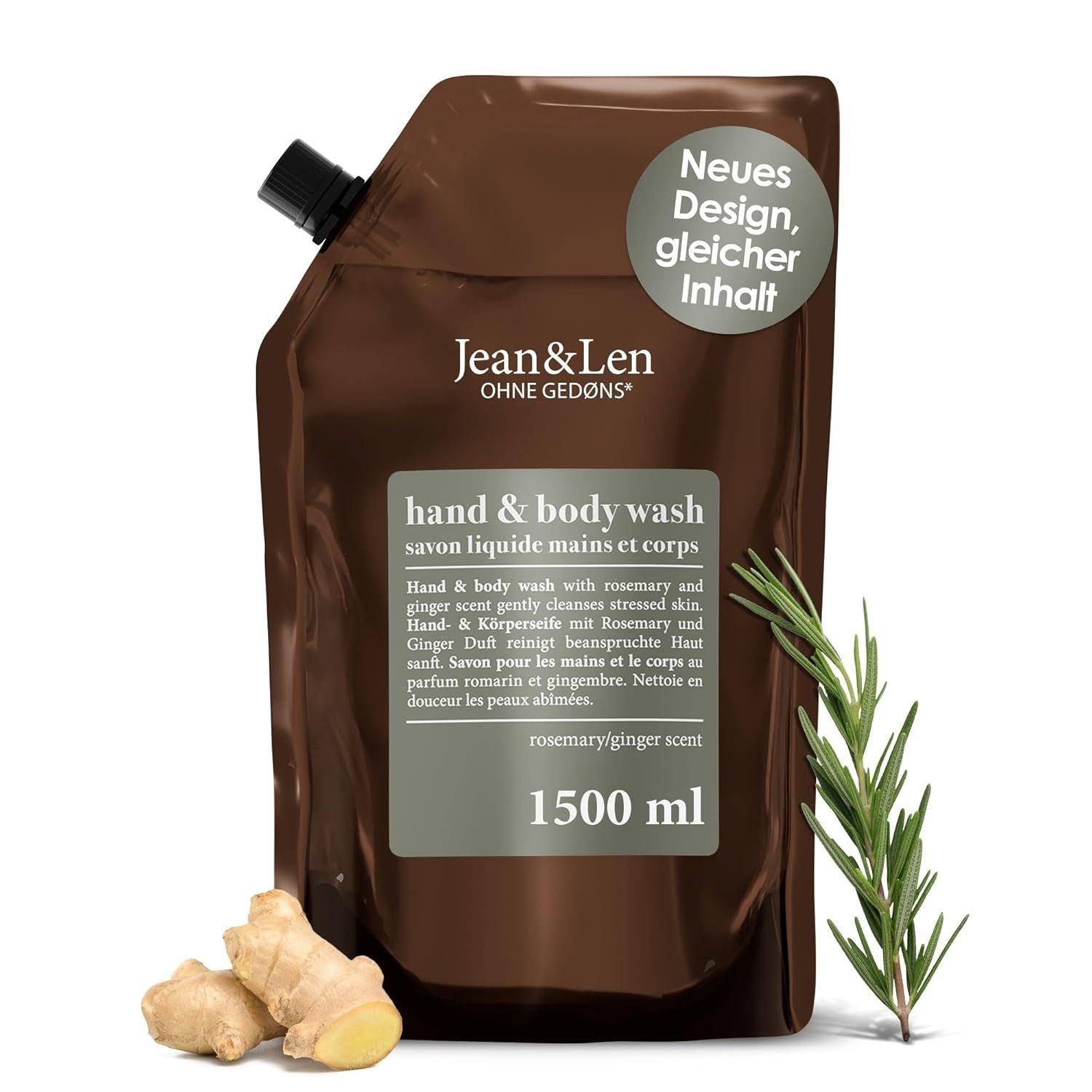 Jean & Len ohne Gedons* Handseife Hand & Body Wash Rosemary und Ginger im Nachfüllbeutel, 1,5 L, 1-tlg.