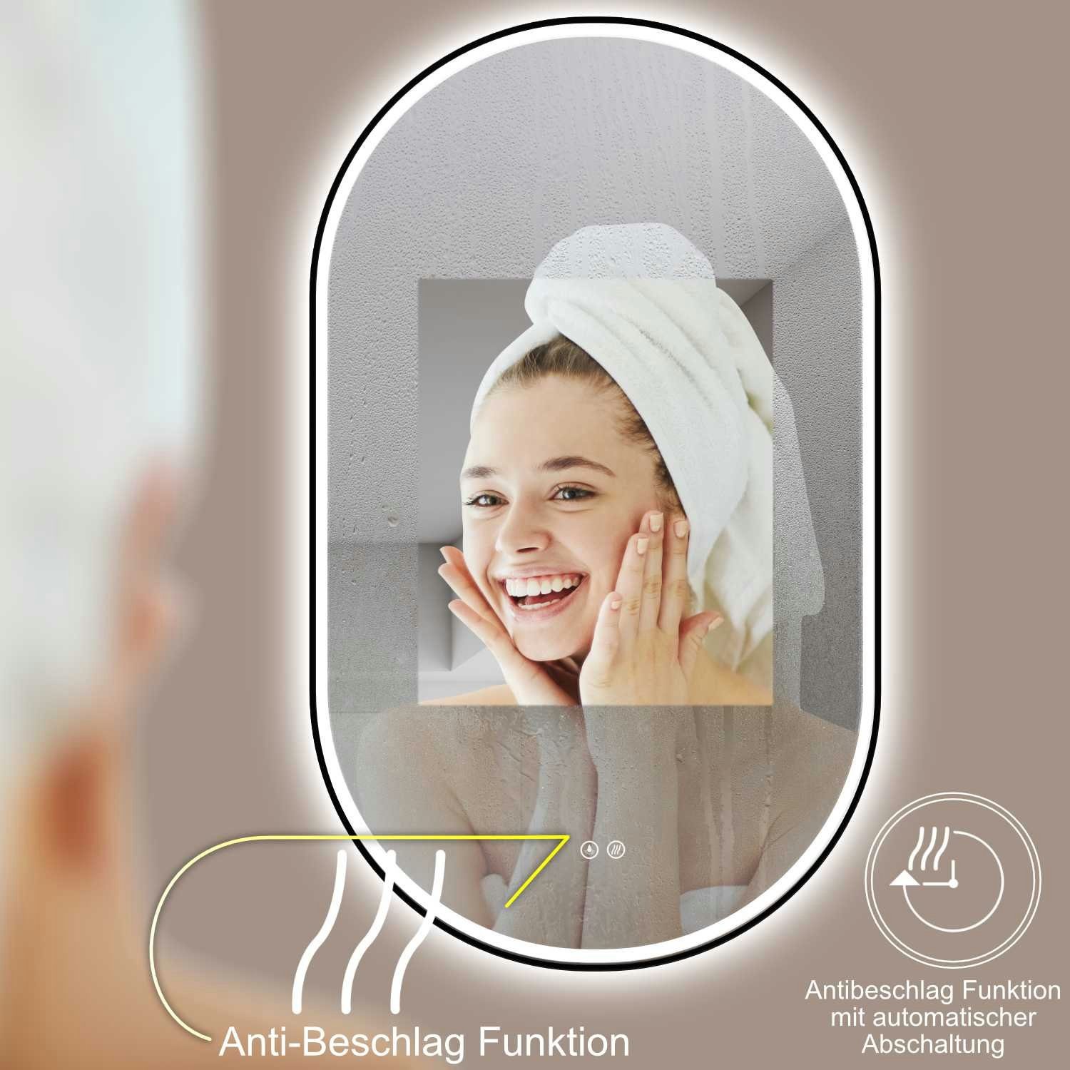 HOKO Badspiegel LED Design Antibeschlag Wandspiegel Oval + LED Wechsel (Warmweiß - Kaltweiß - Neutral. Licht mit Touch Schalter und mit Wandschalter einschaltbar. Memory-Funktion.IP44, 4mm HD Glass)