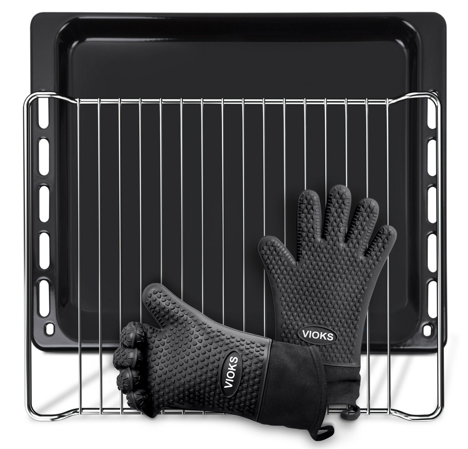 VIOKS Backblech Grillrost Set Ersatz für Bauknecht 481241838128, mit 2 Silikon Ofenhandschuhen für Backofen