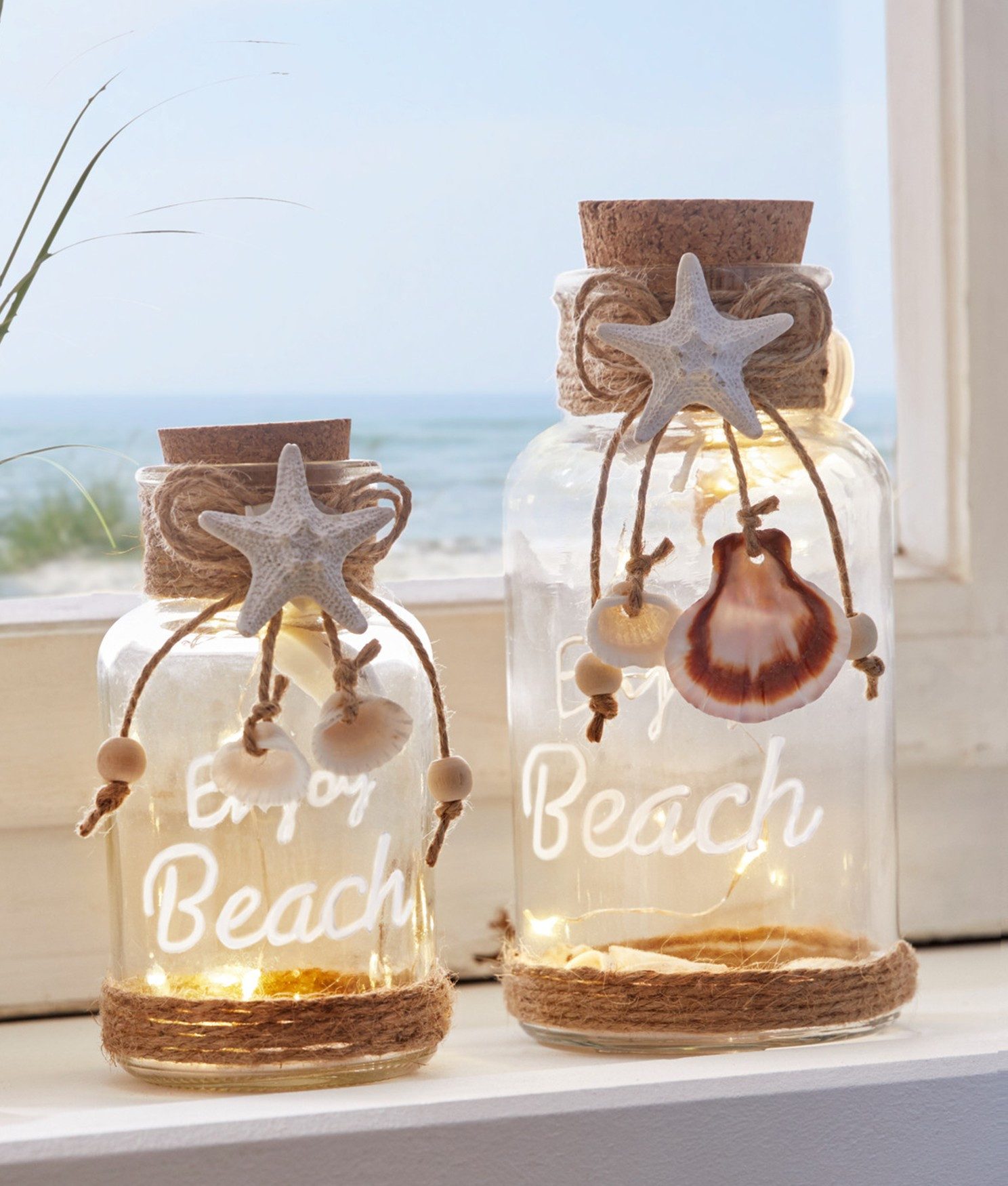 Dekoleidenschaft LED Windlicht "Beach", Windlicht-Glas mit Leuchtdraht, 12 & 16 cm hoch, LED-Glas, 2 Stück im Set maritime Leuchtdeko, Laterne batterie-betrieben