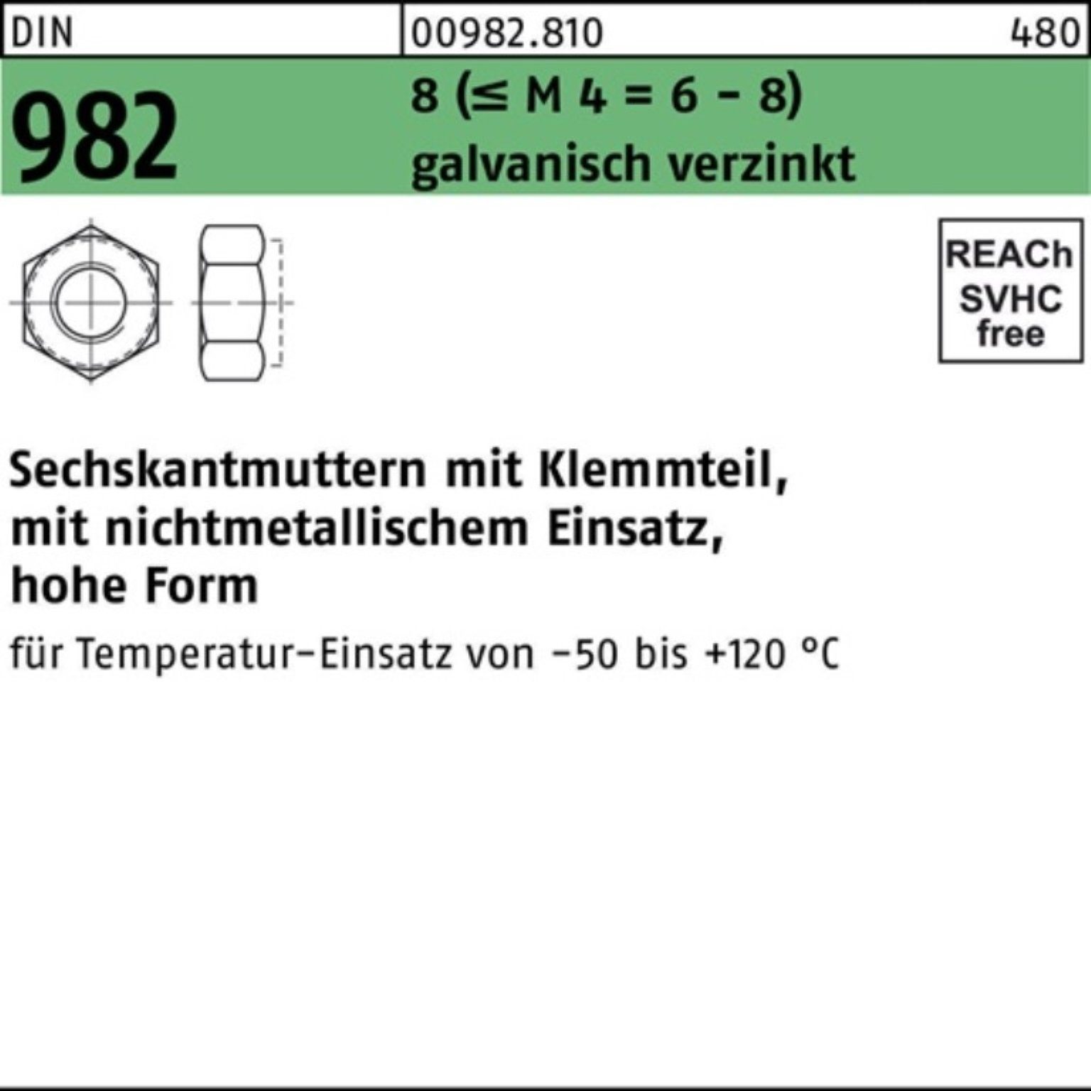 Reyher Muttern 100er Pack Sechskantmutter DIN 982 Klemmteil M20 8 (M4 = 6-8) galv.v