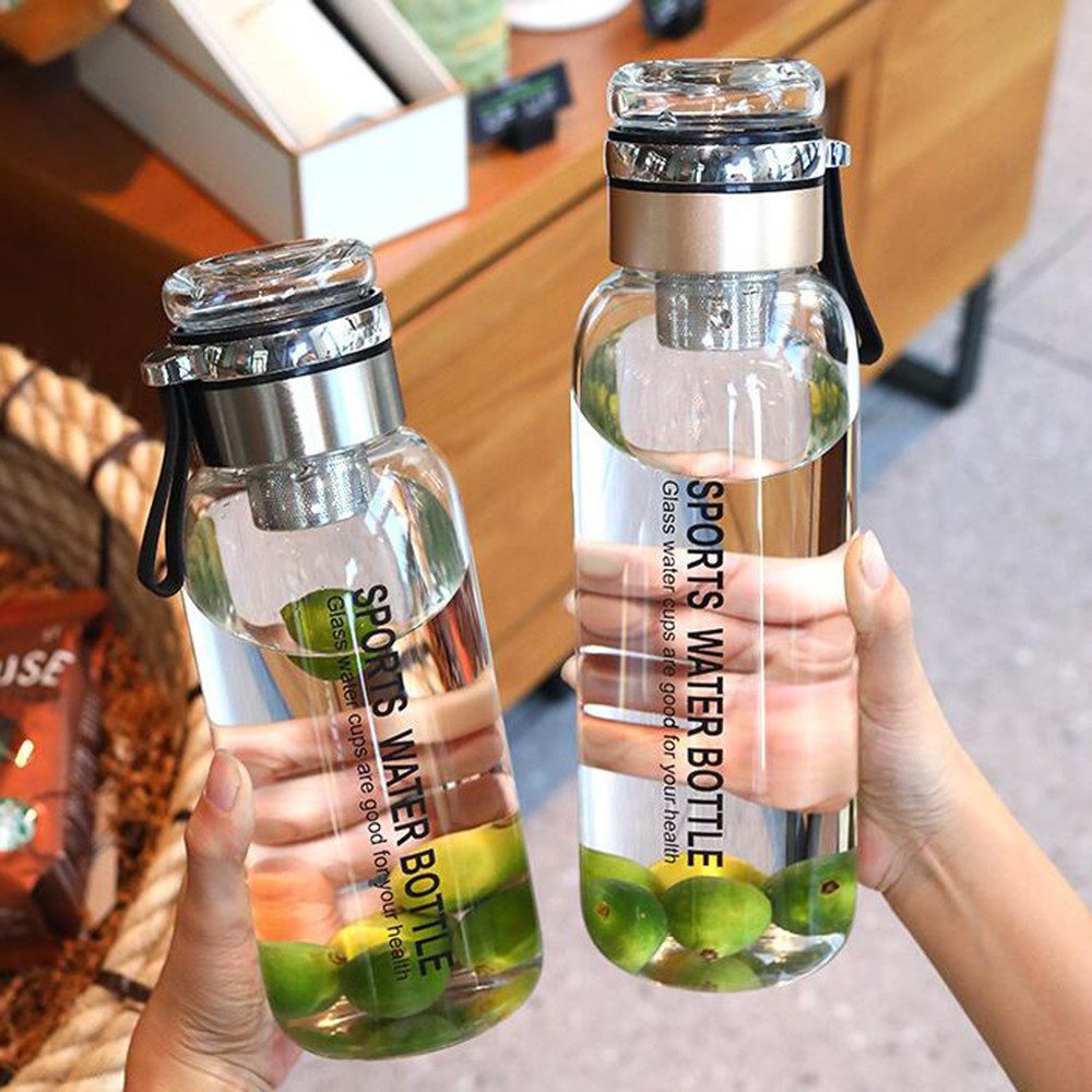 Coonoor Trinkflasche Glasflasche 1L - Wasserflasche Trinkflasche Glas mit Neoprenhülle, Glastrinkflasche mit Edelstahl-Sieb, Glasdeckel als Becher verwendbar