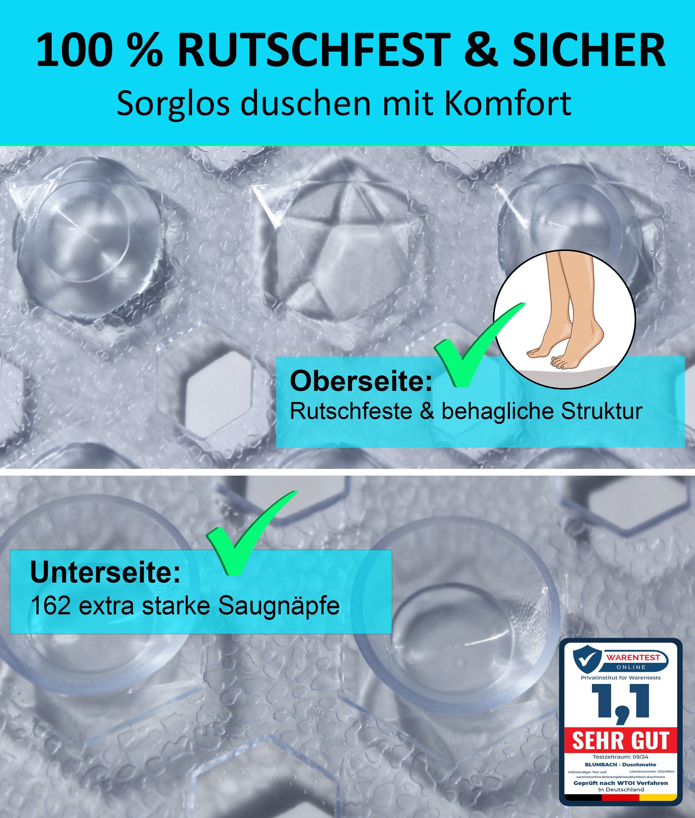 Blumbach Duschmatte - griffige Antirutschmatte Diamant 53 x 53 cm, - 100% BPA-frei, inkl. 2 Haken zum Aufhängen, Duscheinlage, schimmelressisten & maschinenwasc – Bild 2 von 5