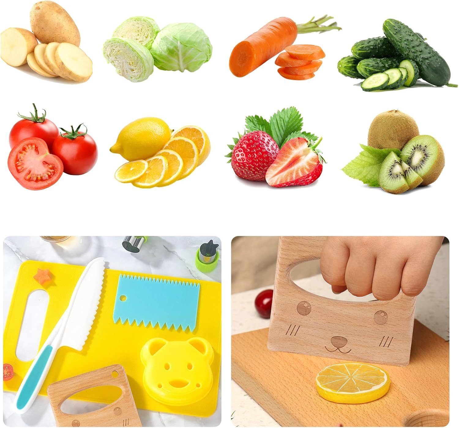 LA CUTE Kinderkochmesser Montessori 16-tlg. Kindermesser-Set mit Schneidebrett & Holzmesser, Kindermesser-Set 16-tlg. aus Holz & Kunststoff, BPA-frei, sicher