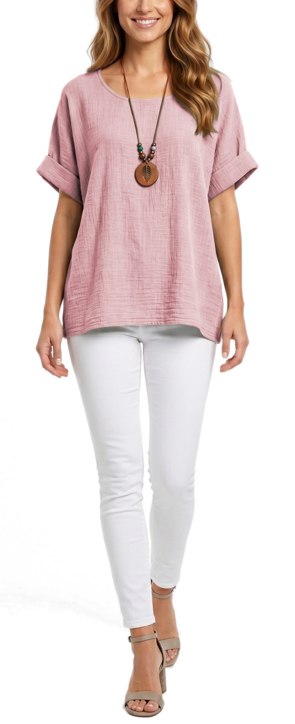 dy_mode Kurzarmbluse Damen Kurzarm Bluse Leichte Sommer Tunika Baumwollbluse Oberteil in Unifarbe, mit passende Kette