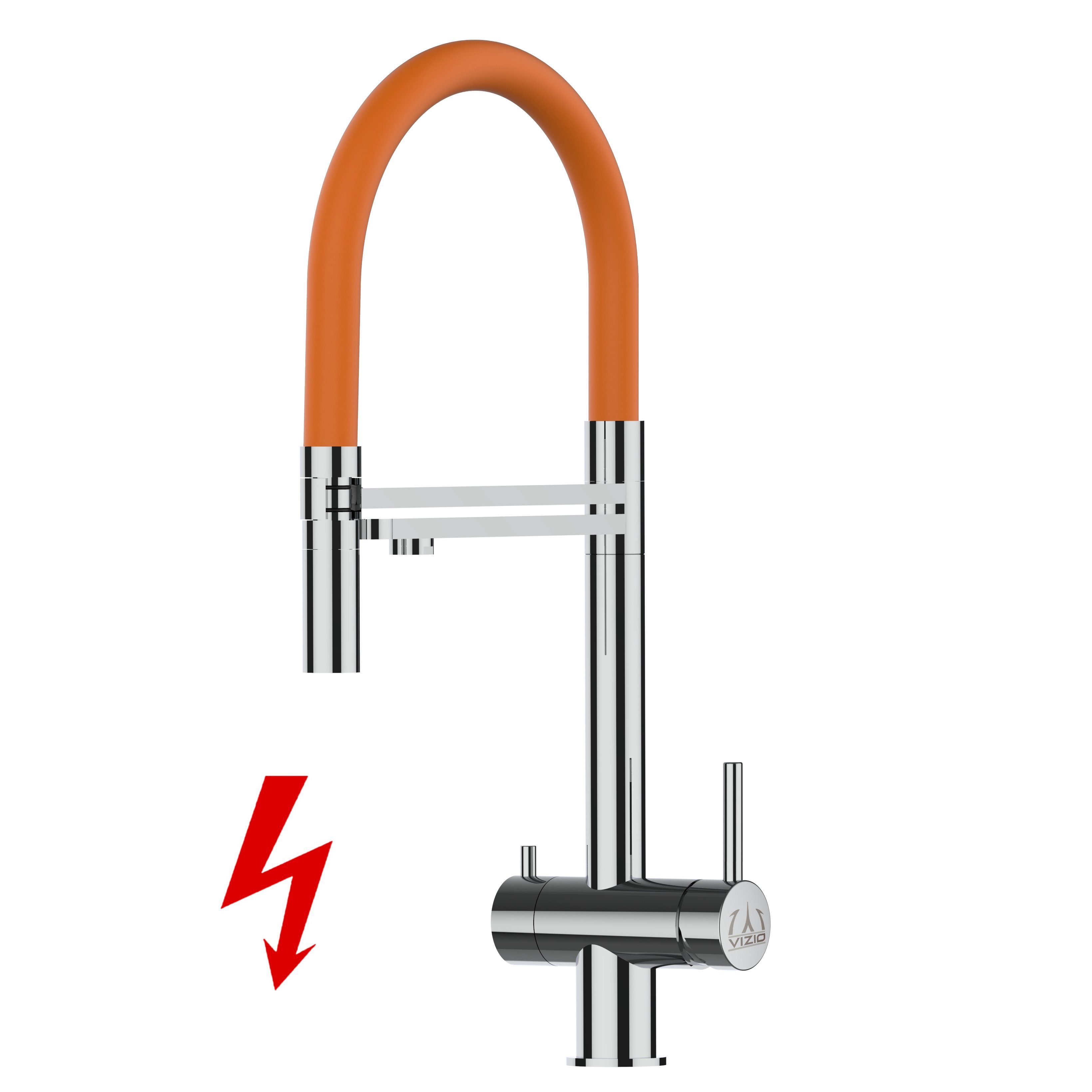 VIZIO Küchenarmatur NIEDERDRUCK 3 Wege Edelstahl Massiv Küchenarmatur mit 2 strahl Brause zum Anschluss an einen Niederdruck- Boiler und für einen Wasserfilter Edelstahl Hochglanz / Orange | Armaturen