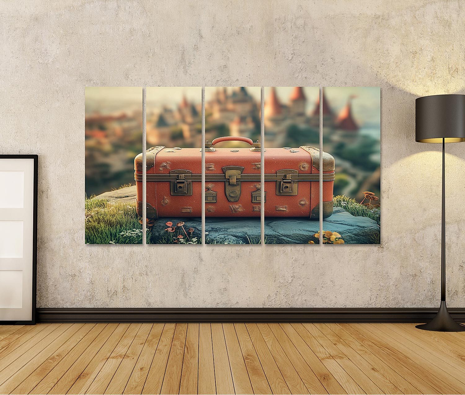 islandburner Leinwandbild, Alter Koffer vor märchenhafter Stadtlandschaft