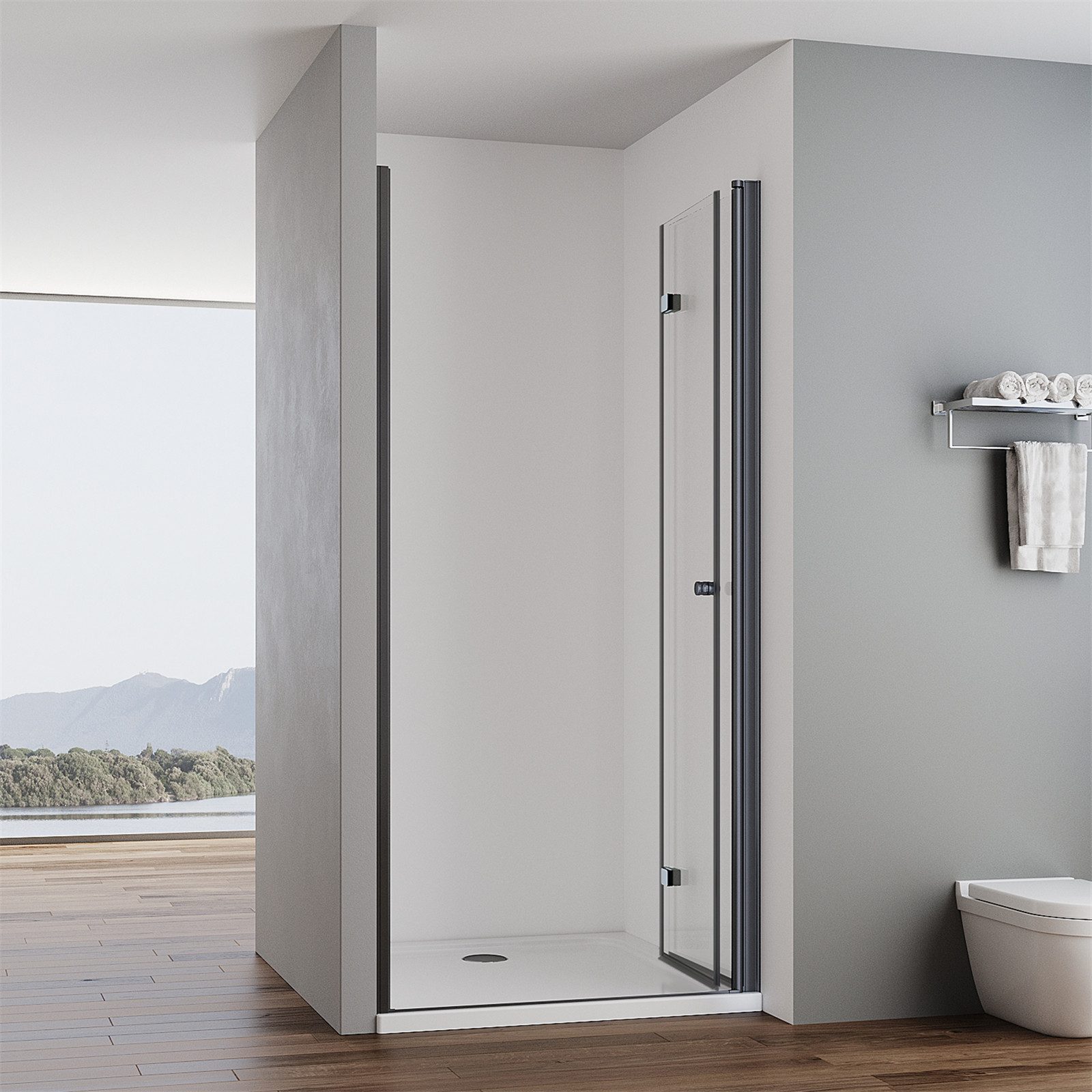 IMPTS Dusch-Falttür Duschtür Falttür 180° Dusche Nischentür Schwarz Duschkabine Drehbar, 70x185 cm, Einscheibensicherheitsglas, Sicherheitsglas, (set) Duschkabine Pendeltür Schwingtür Dusche Falttürkabine Duschabtrennung