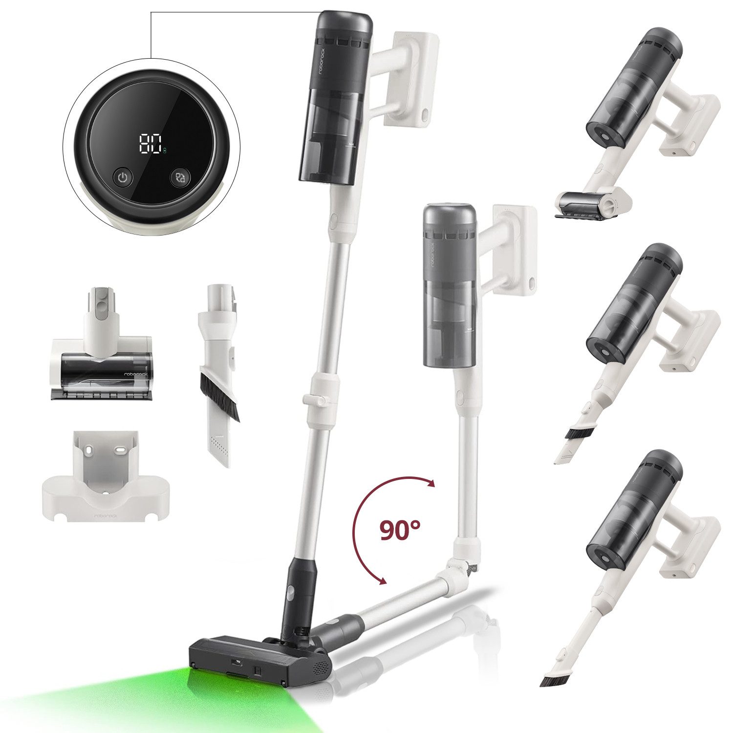 Roborock Akku-Handstaubsauger H60 Pro Ручные пылесосы, Akku-Staubsauger 500 W Saugleistung, 500 W, 80 Min Laufzeit, 90° flexibles Saugrohr, LED, Anti-Tangle-Bürste für Teppiche
