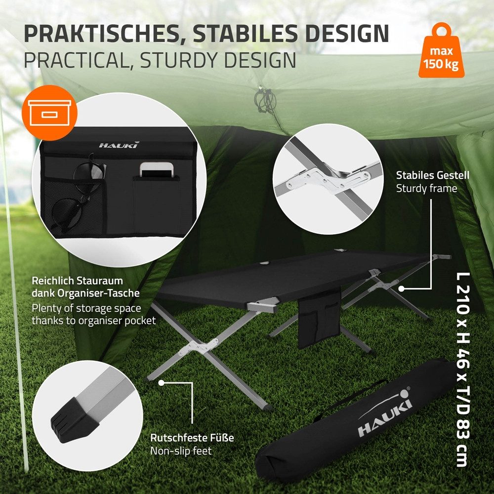 Hauki Feldbett Campingbett klappbar mit Tragetasche Belastbarkeit bis 150 kg Gästebett 210x83x46 cm Schwarz XL Klappbett für Reisen Metallrohr