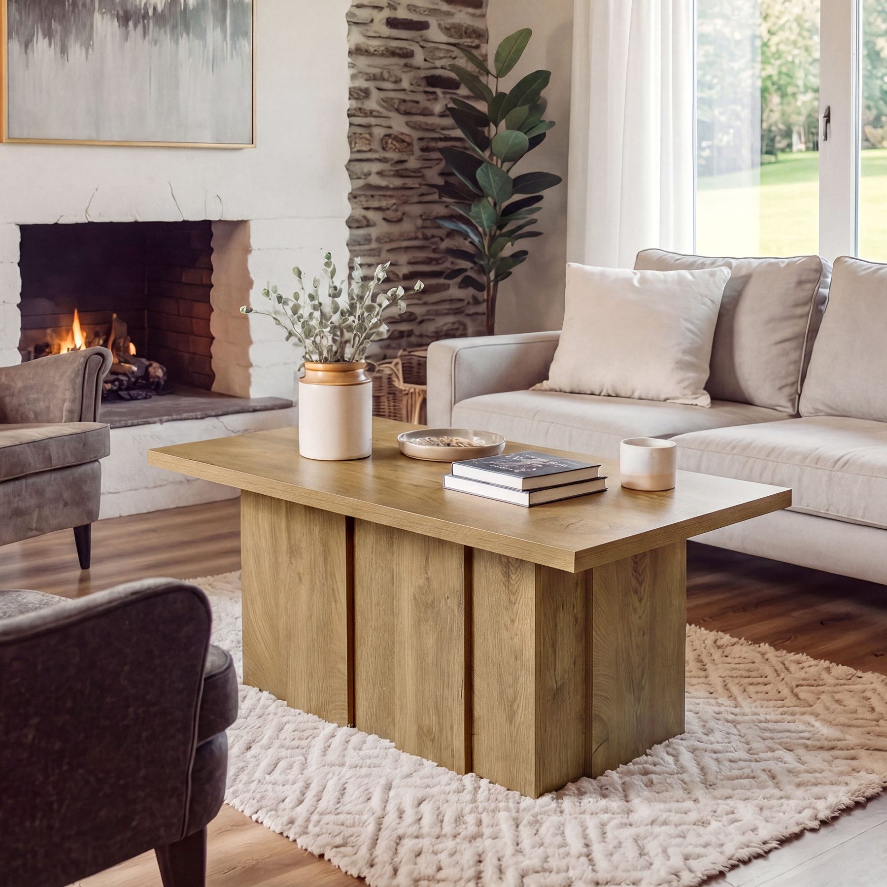 Tribesigns Couchtisch Wohnzimmertisch 120 cm Holztisch mit Rillenfuß in Eichenoptik