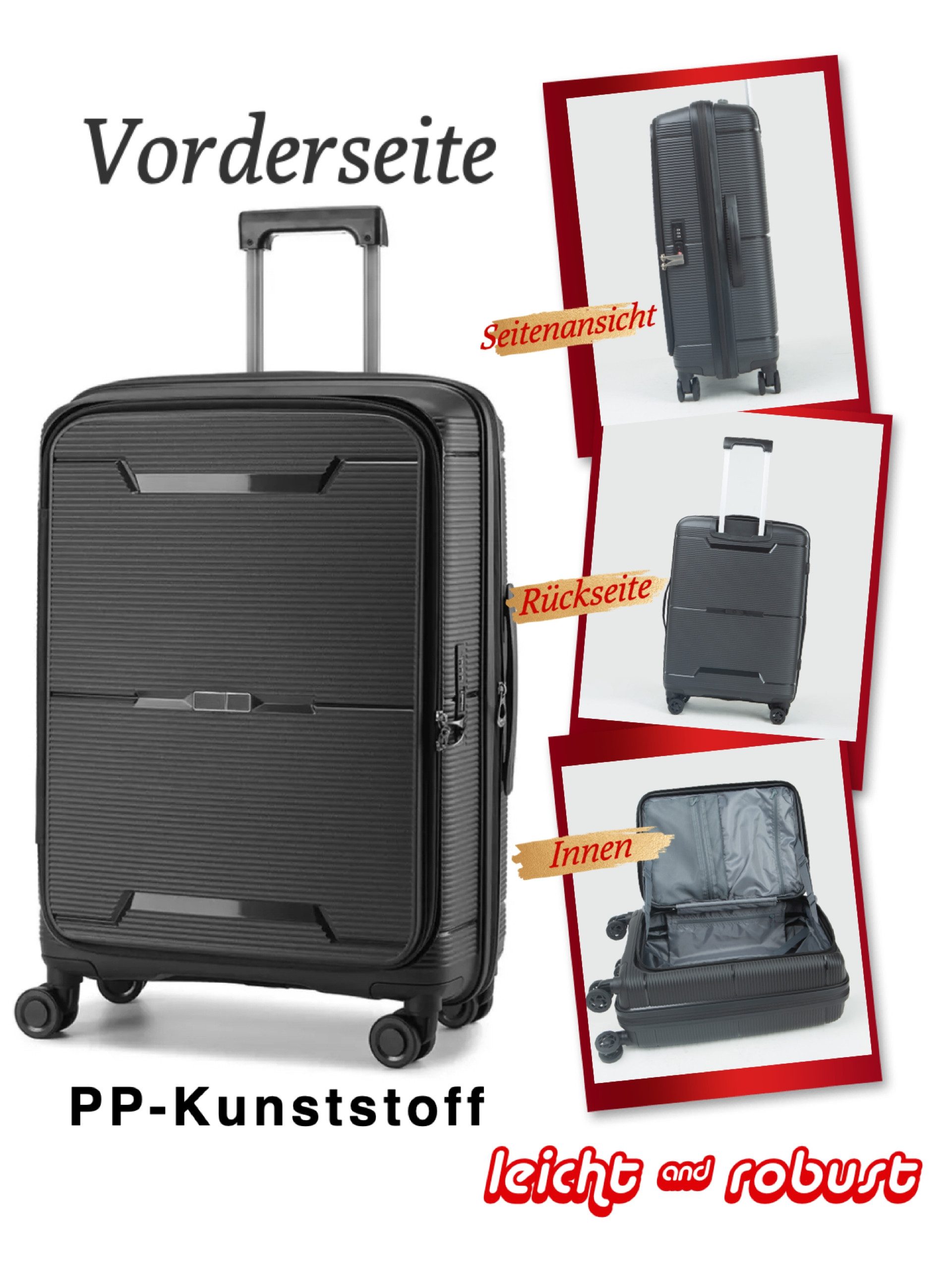Super Solu Hartschalen-Trolley Erweiterbarer Hartschalenkoffer, Frontöffnung Reisekoffer aus PP, 4 Rollen, 360° Doppelrollen, M/20 Zoll, Schwarz, TSA-Zahlenschloss, Polypropylen