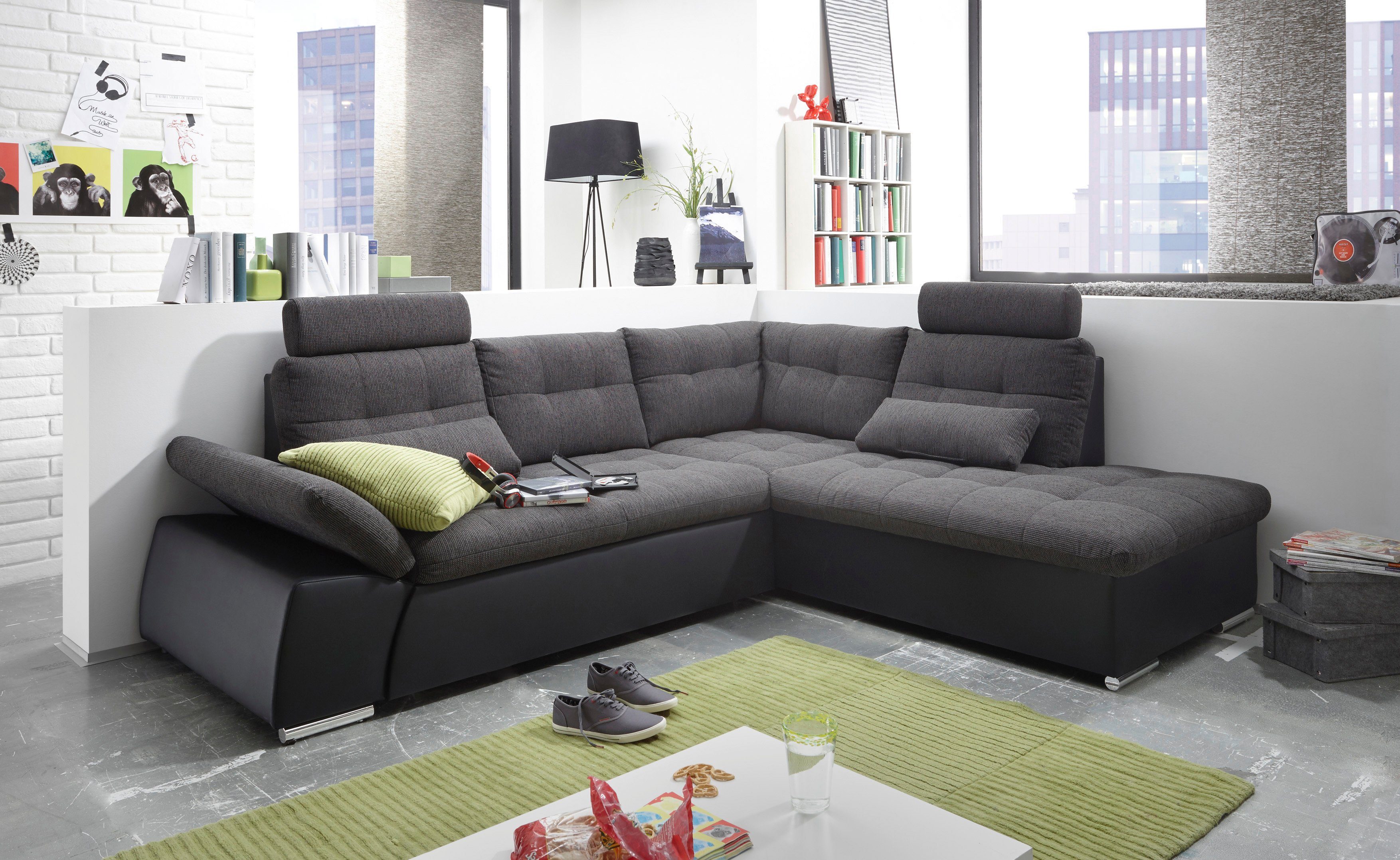 ED EXCITING DESIGN Ecksofa Jakarta L-Form, mit Bettfunktion, Armteilverstellung, Kopfstützen & 2 Nierenkissen