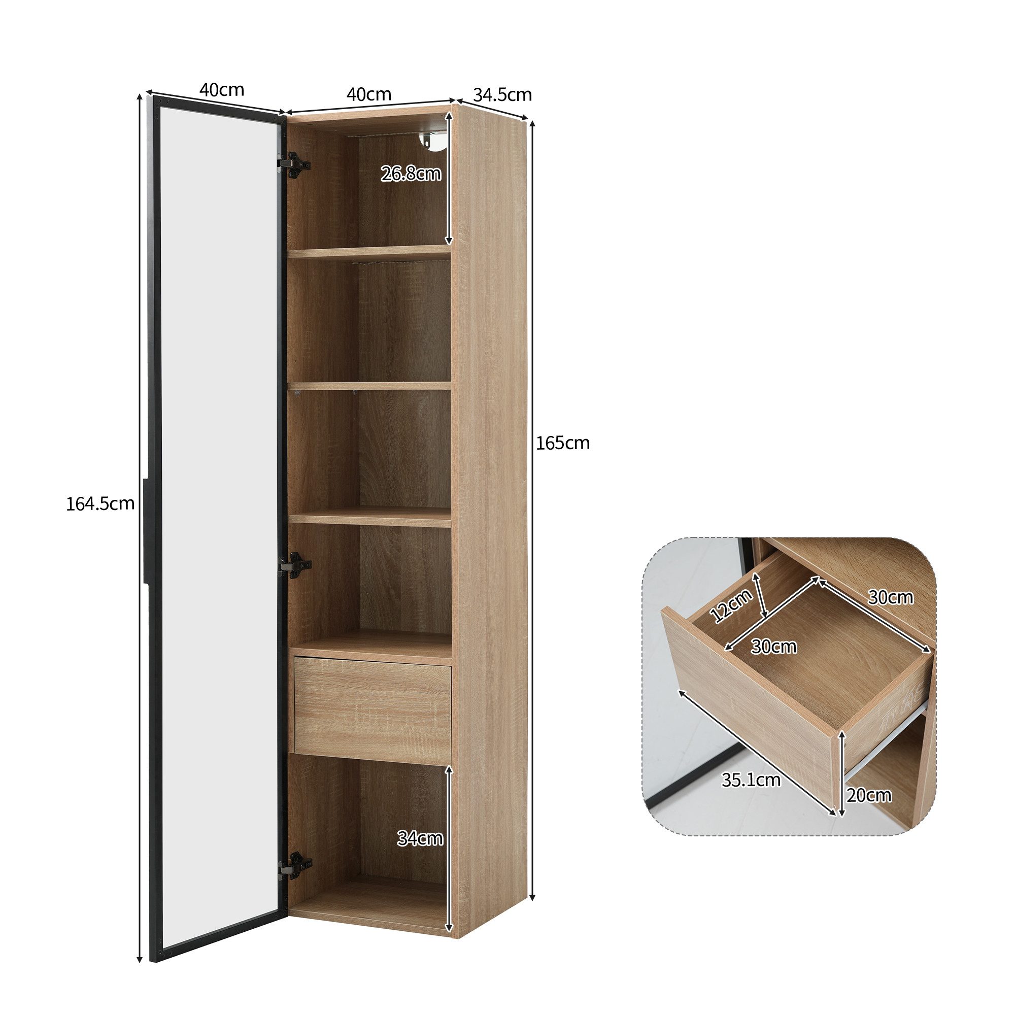 Flieks Badkommode Vitrine mit LED-Beleuchtung und 5 Fächern (1 St., B40/T34,5/H165 cm), Hochschrank mit Glastüren, Schubladen und verstellbaren Einlegeböden – Bild 4 von 5