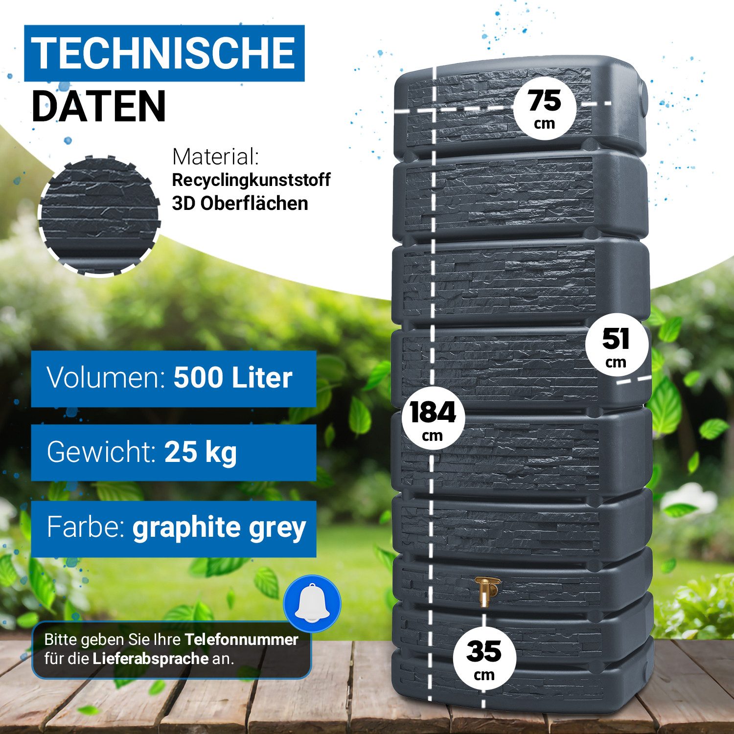 4rain Regentonne SLIM STONE DECOR Wandtank 500 Liter graphite grey, 500 l – Bild 3 von 5
