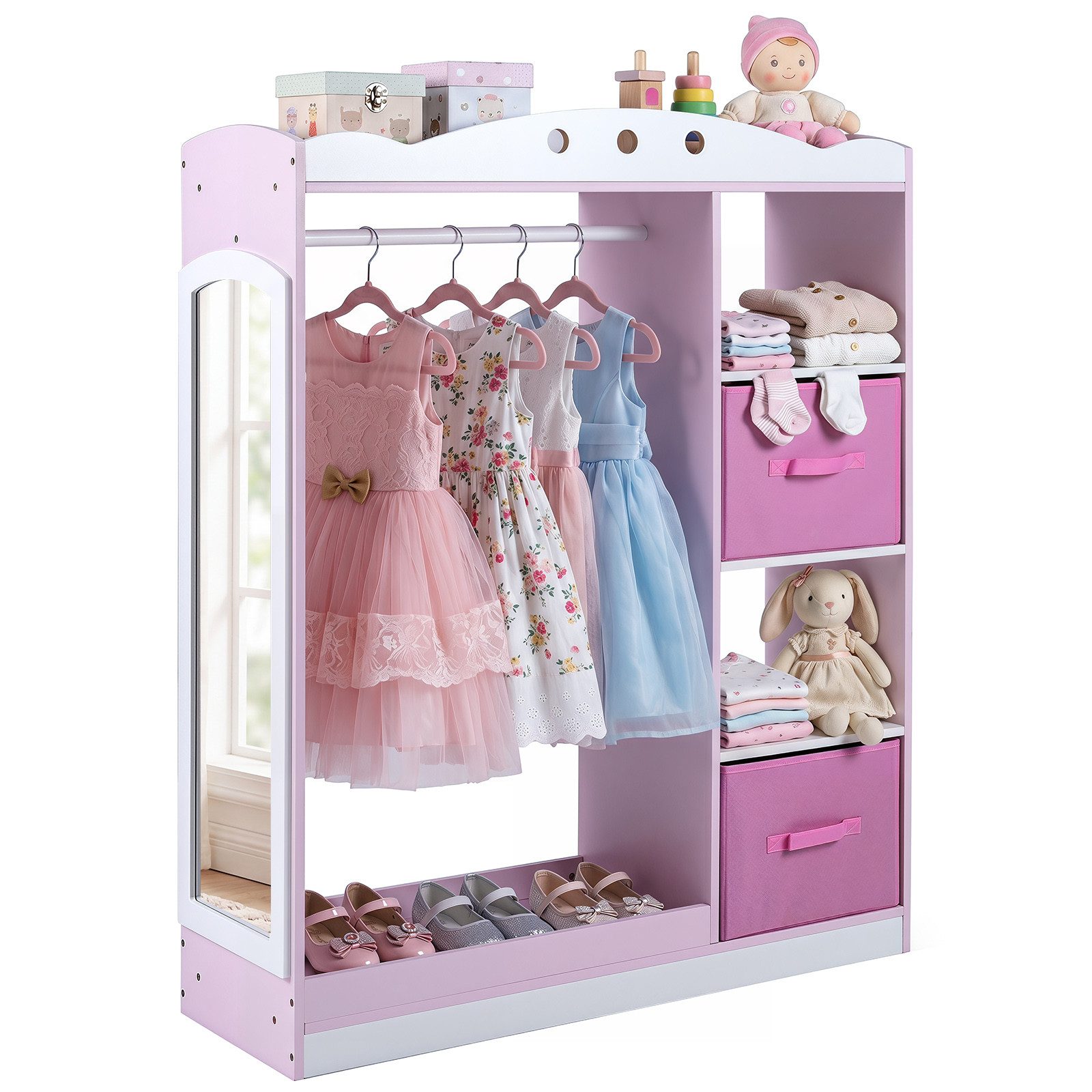 COSTWAY Kleiderständer, Kindergarderobe mit Spiegel, Garderobe Prinzessin