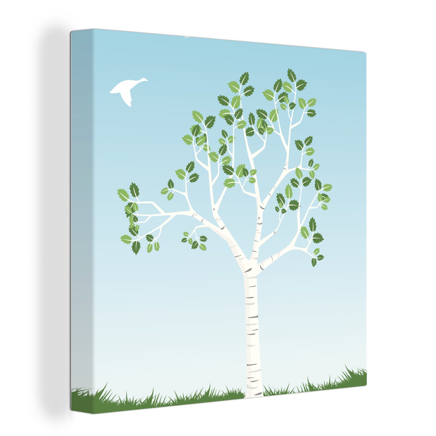 OneMillionCanvasses® Leinwandbild Eine Illustration einer Birke im Frühling, (1 St), Leinwand Bilder für Wohnzimmer Schlafzimmer